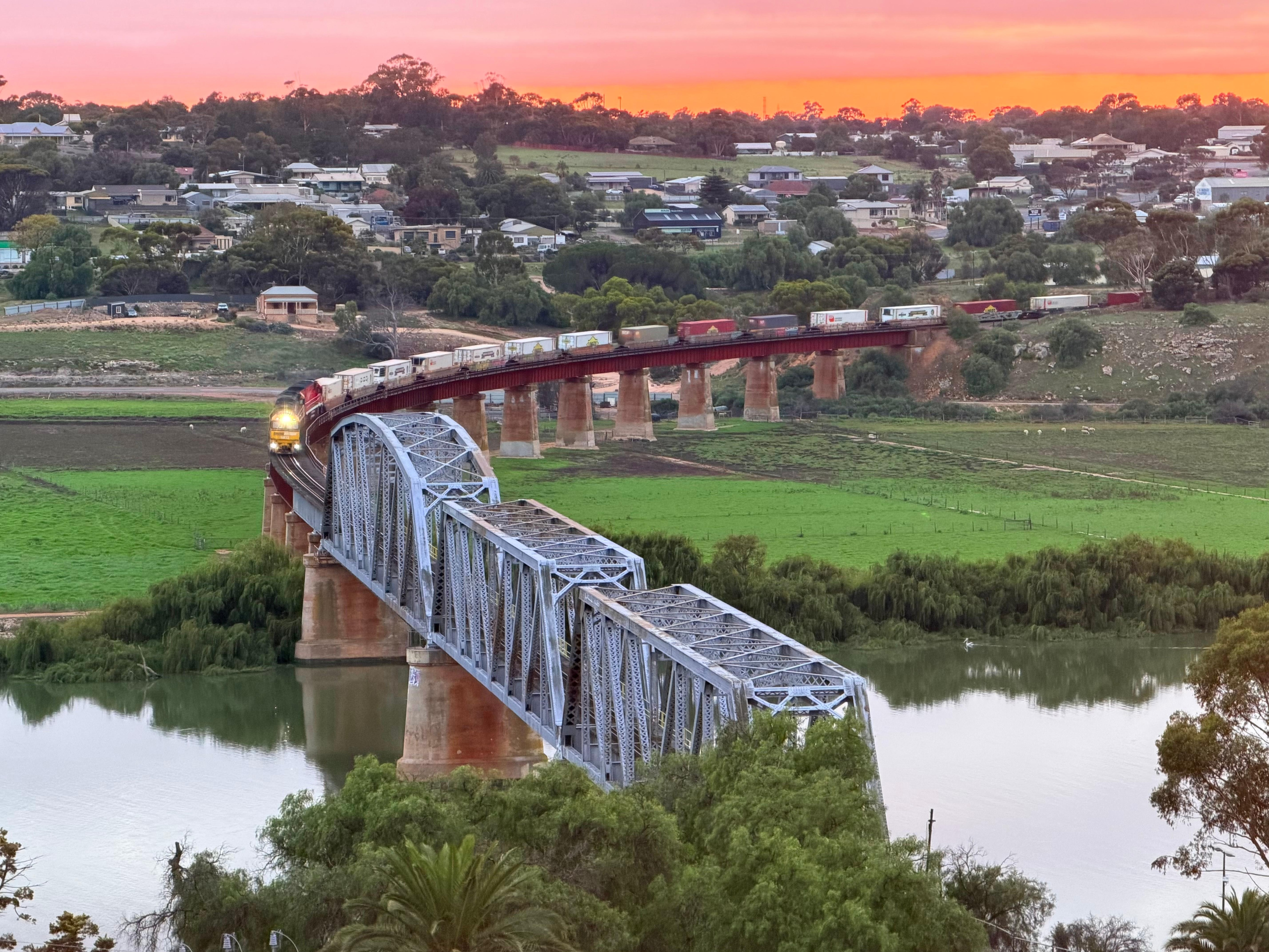 Pacific National crossing the bridge at Murray Bridge. View from my 5th floor suite at the Bridgeport.