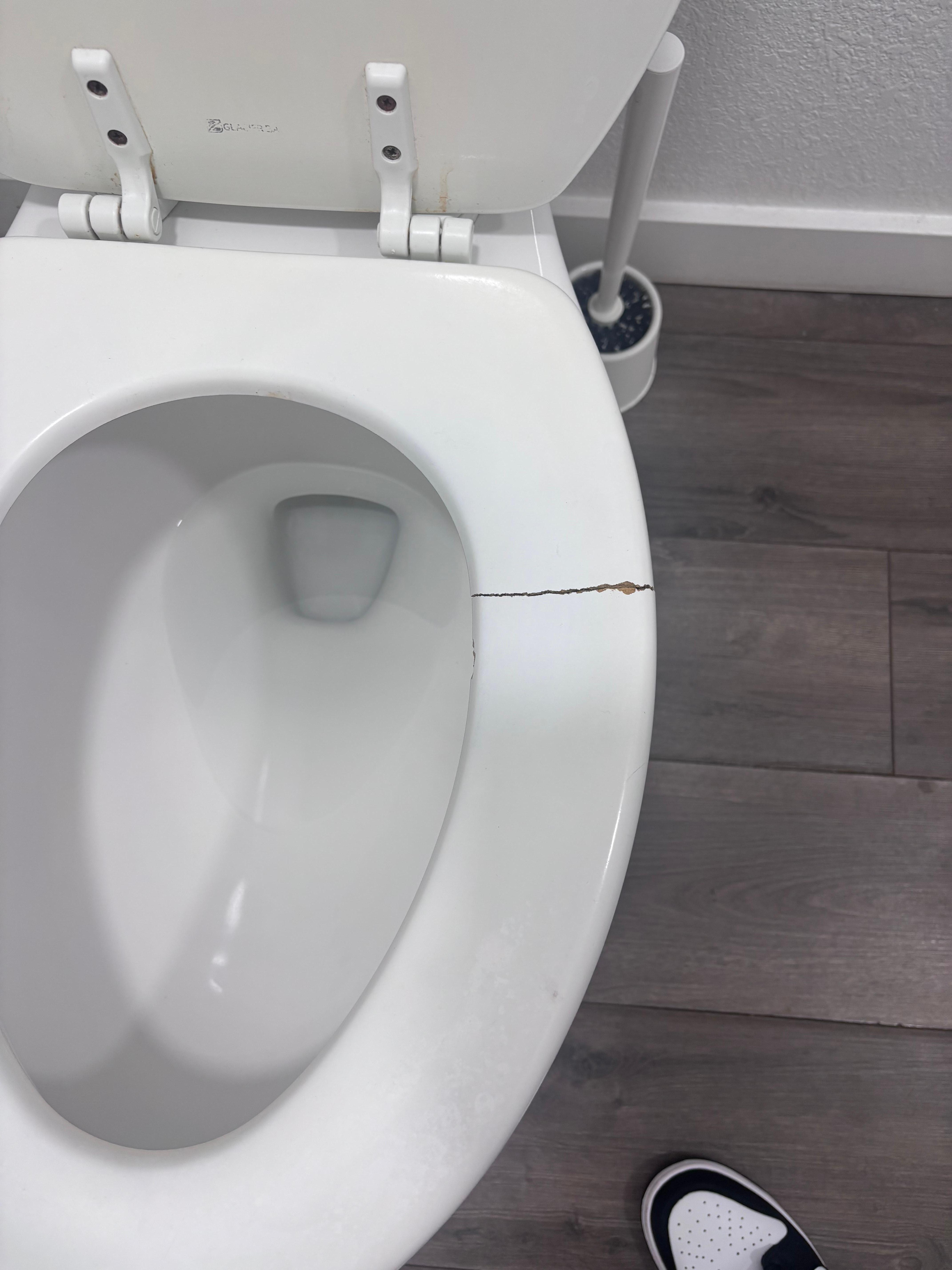 Cracked toilet seat that can cause pinching and cuts