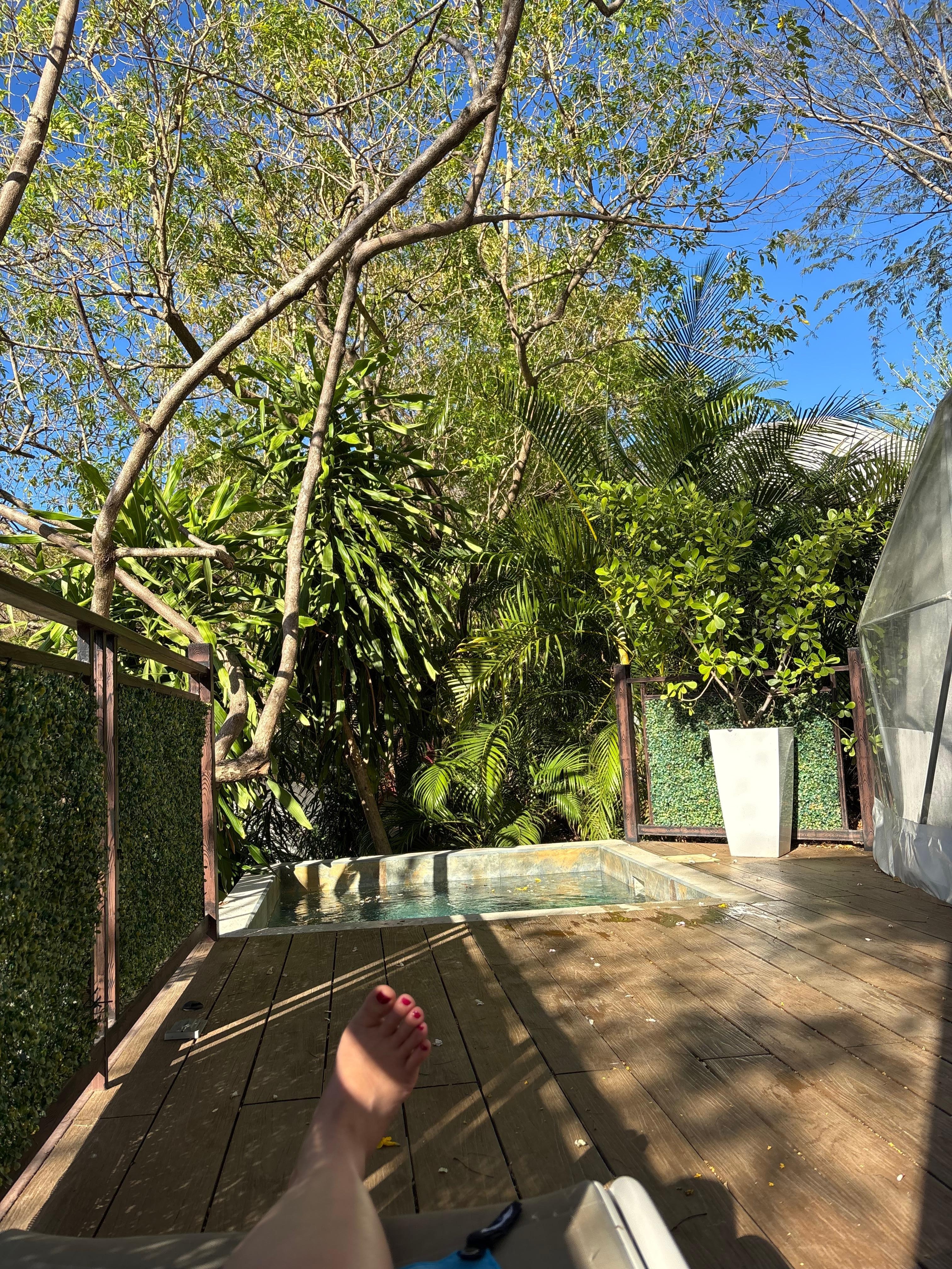 In the lounger outside the dome.