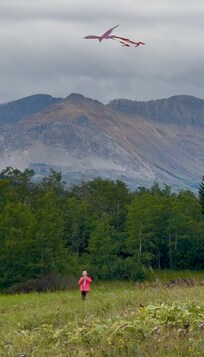 Flying a kite at the cabin., what views!