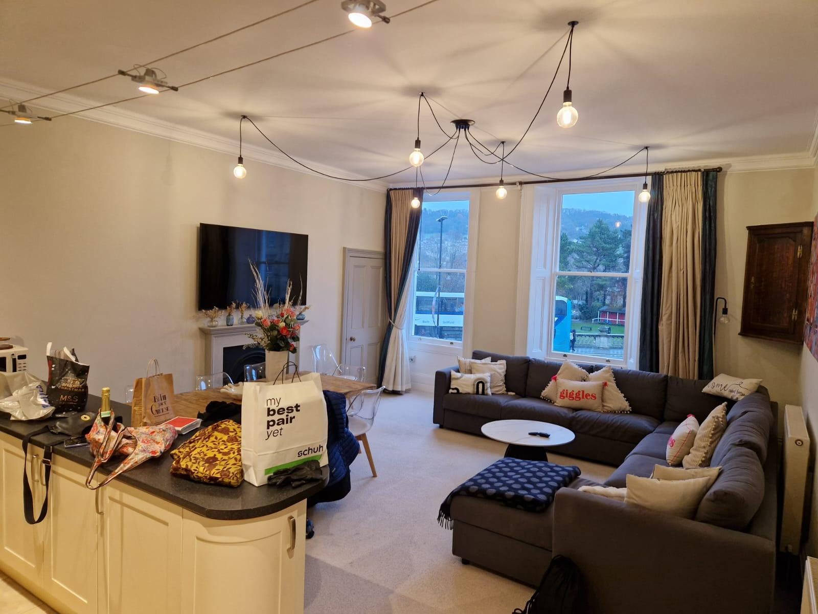 Lovely big sofa for chilling, great kitchen items, everything you could need.  