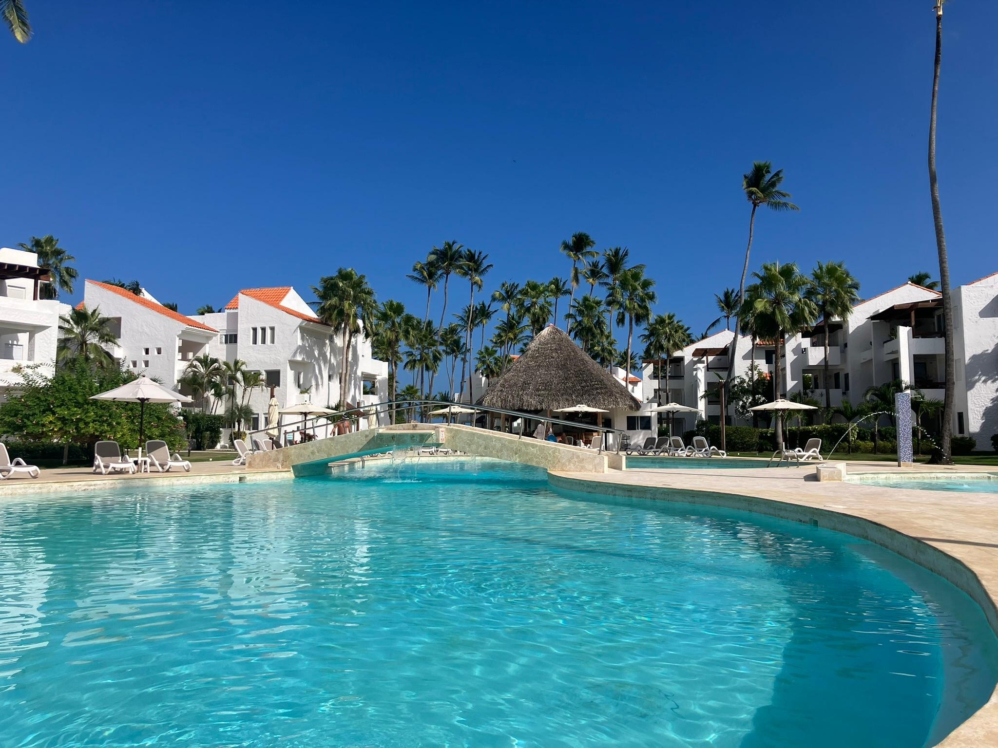 Pool with restaurant at the end.