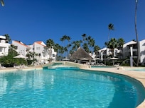 Pool with restaurant at the end.