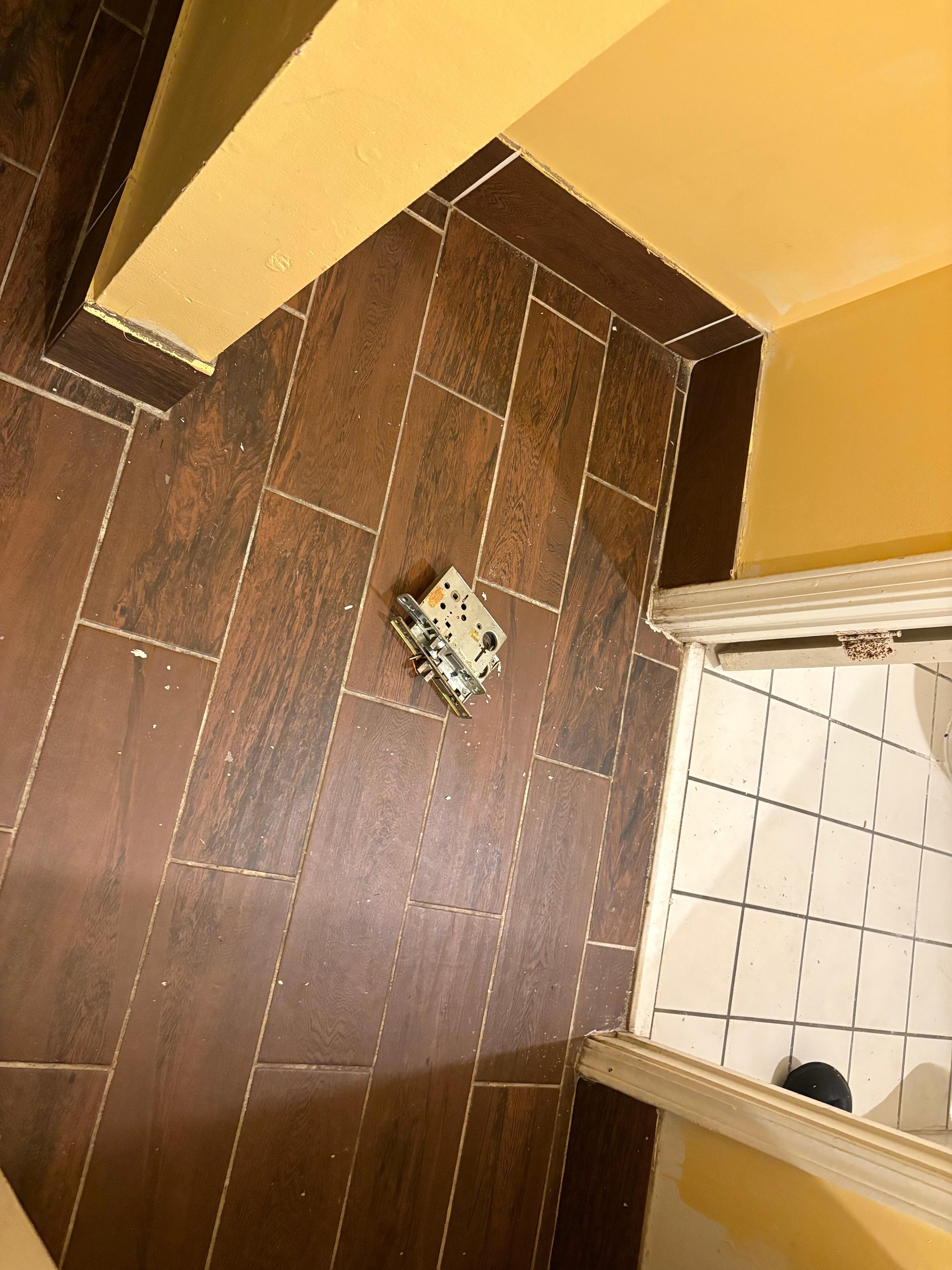 Dirty and random stuff on floor and counters. 