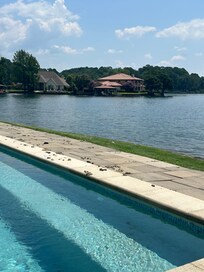 Goose droppings from old to fresh in and around the pool