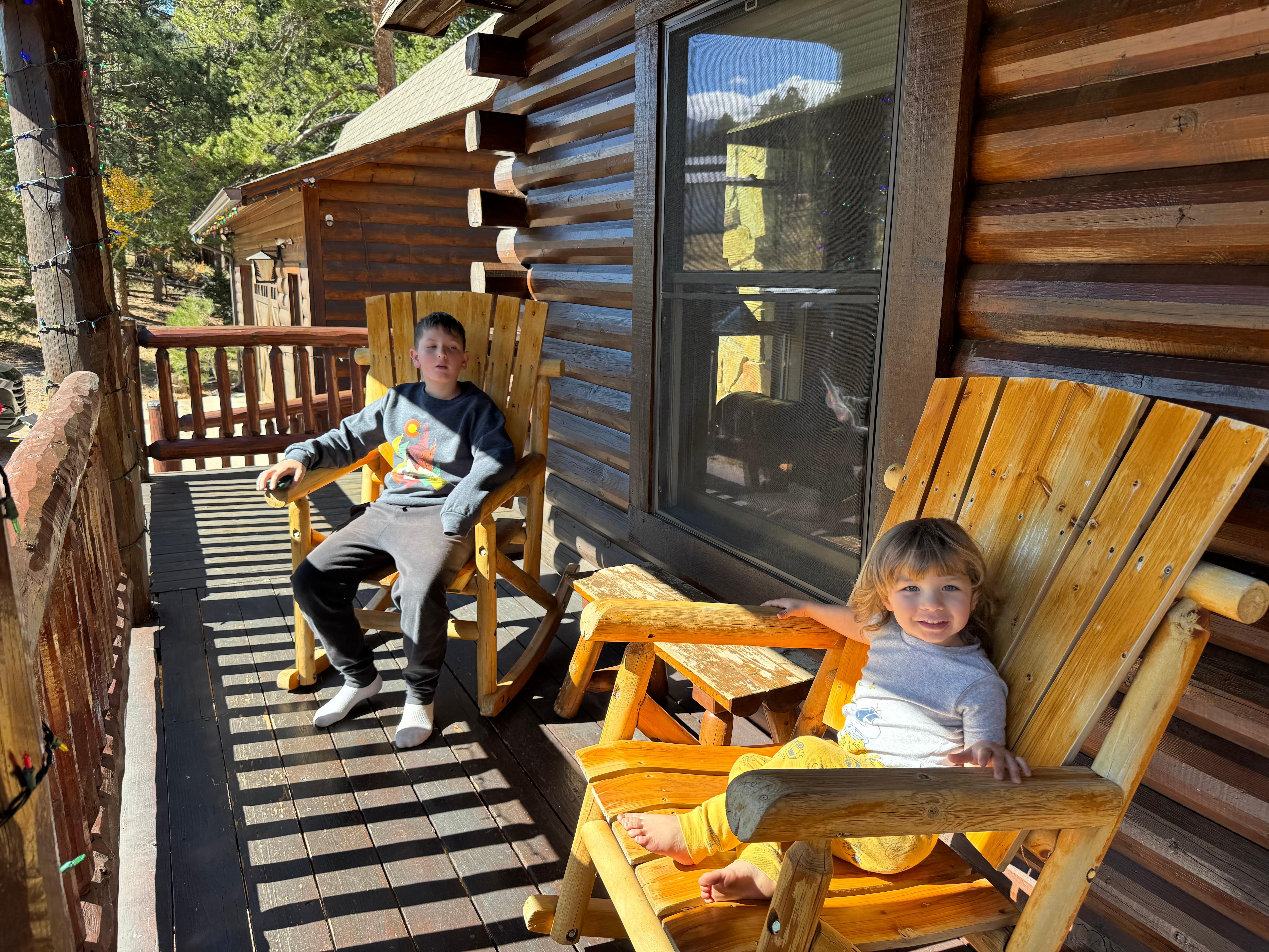 Front deck, 2 rocking chairs on either side of the front door. We got to see a bunch of horses going by while we sat on the front porch! It was neat! 