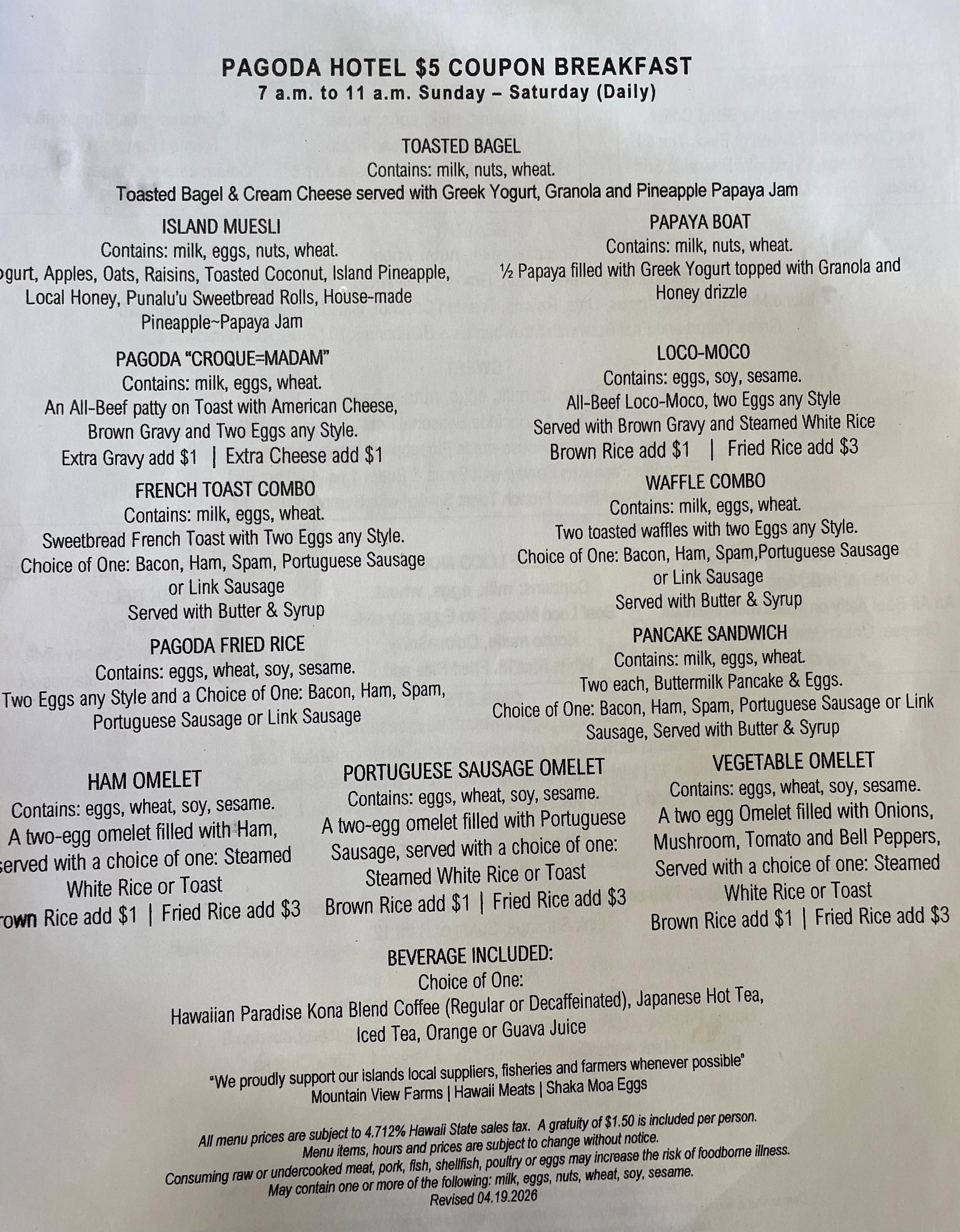 $5 breakfast menu
