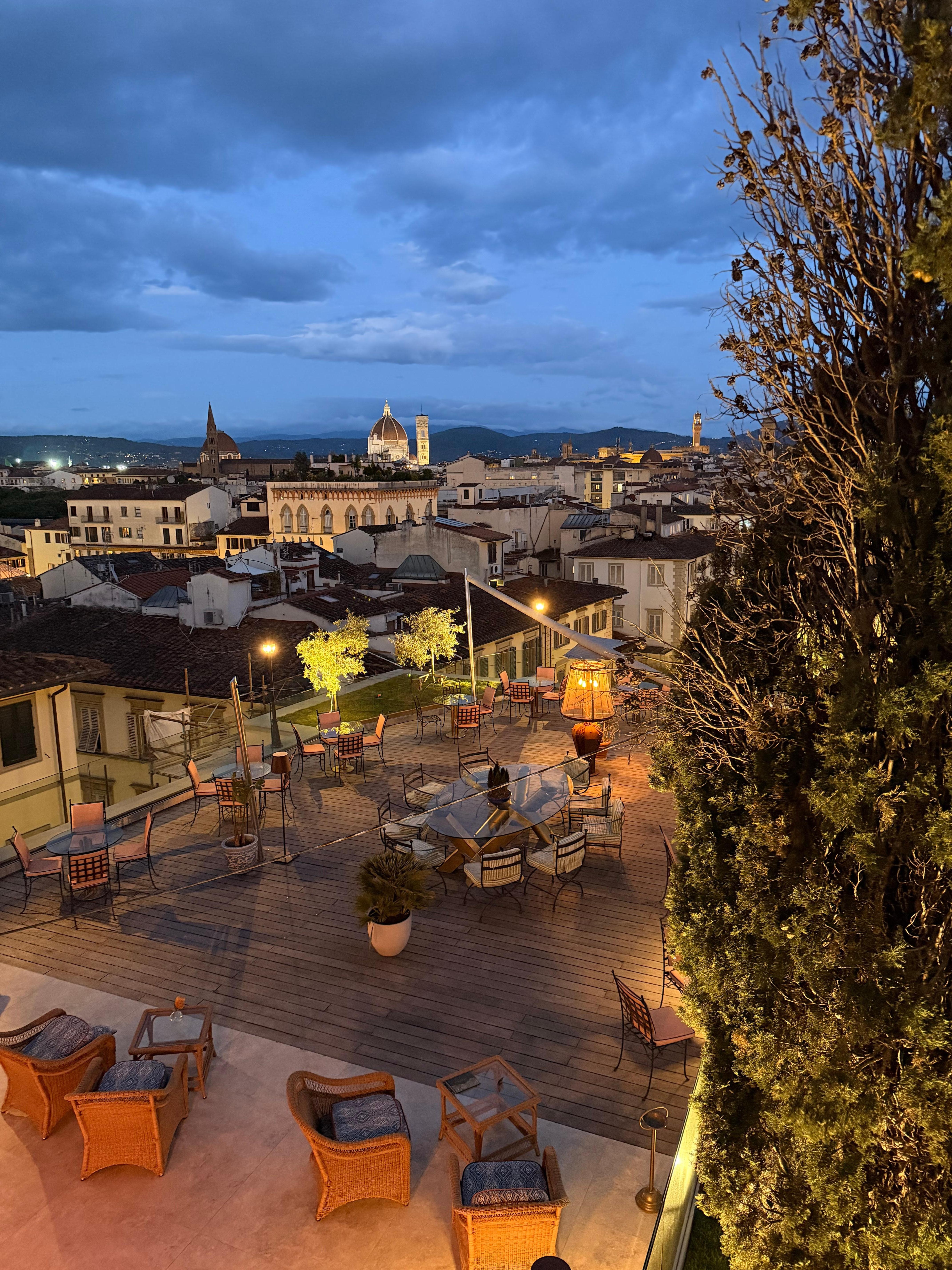 The rooftop terrace restaurant at sunset.