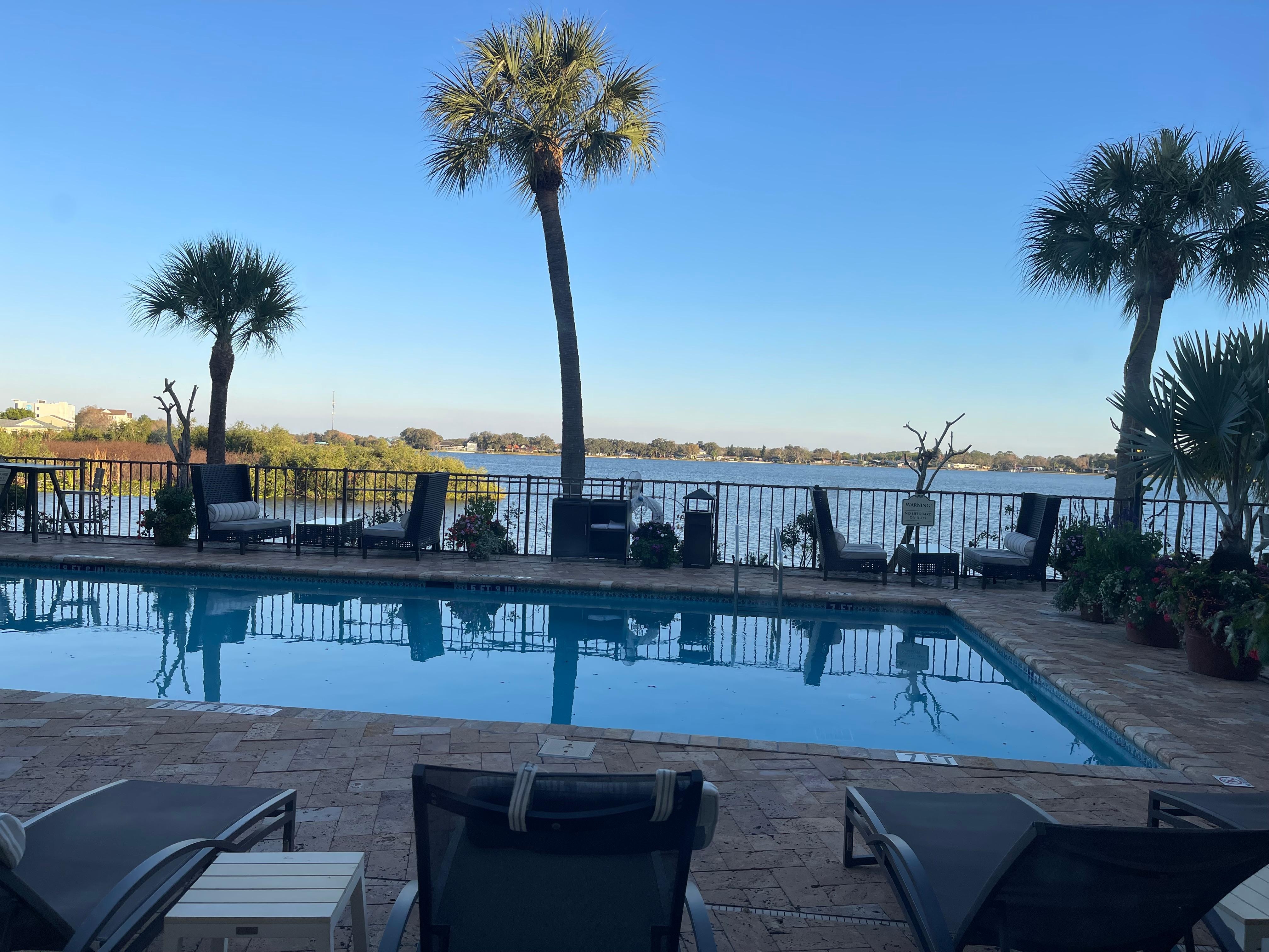 View of the pool from first floor room. 