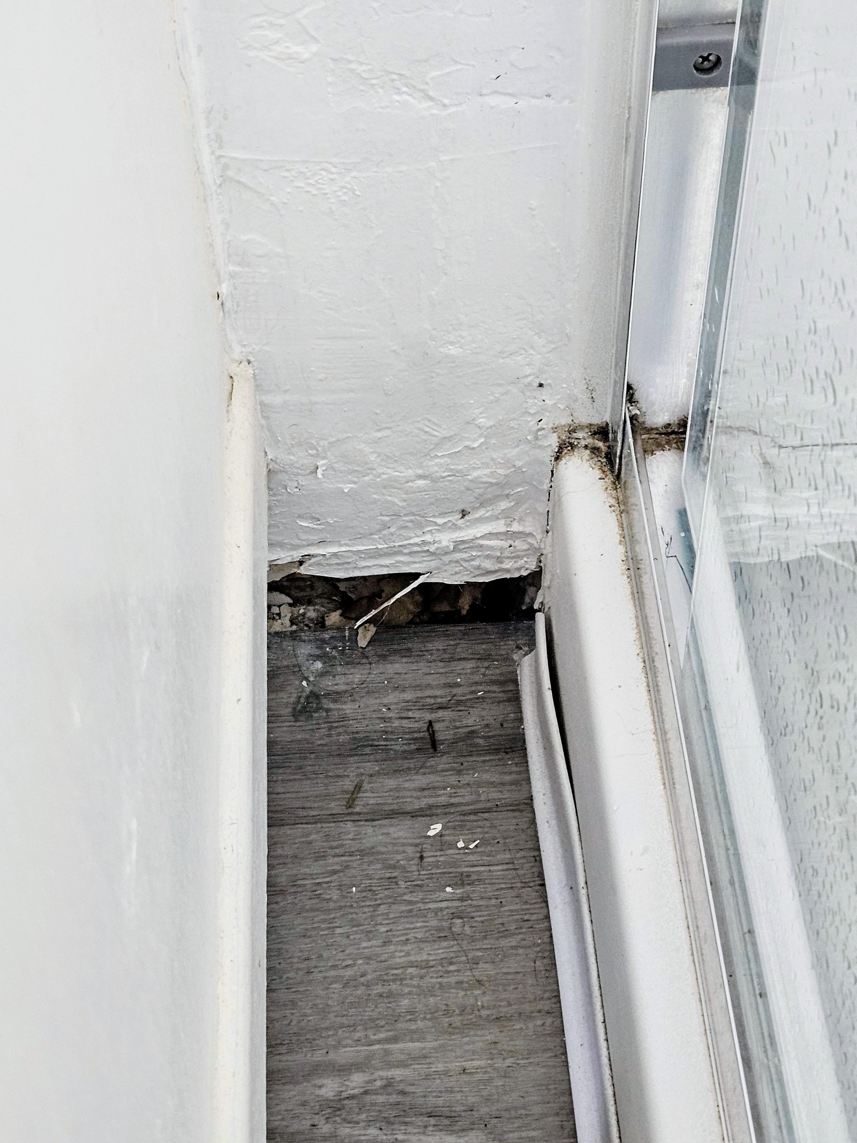Leaking shower has damaged the wall and floor.