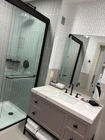 Bathroom was nice and there was a full size fridge and kitchenette in the room.