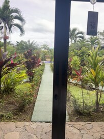 View out (and in). Straight down the walk-way, directly straight down to the pool.