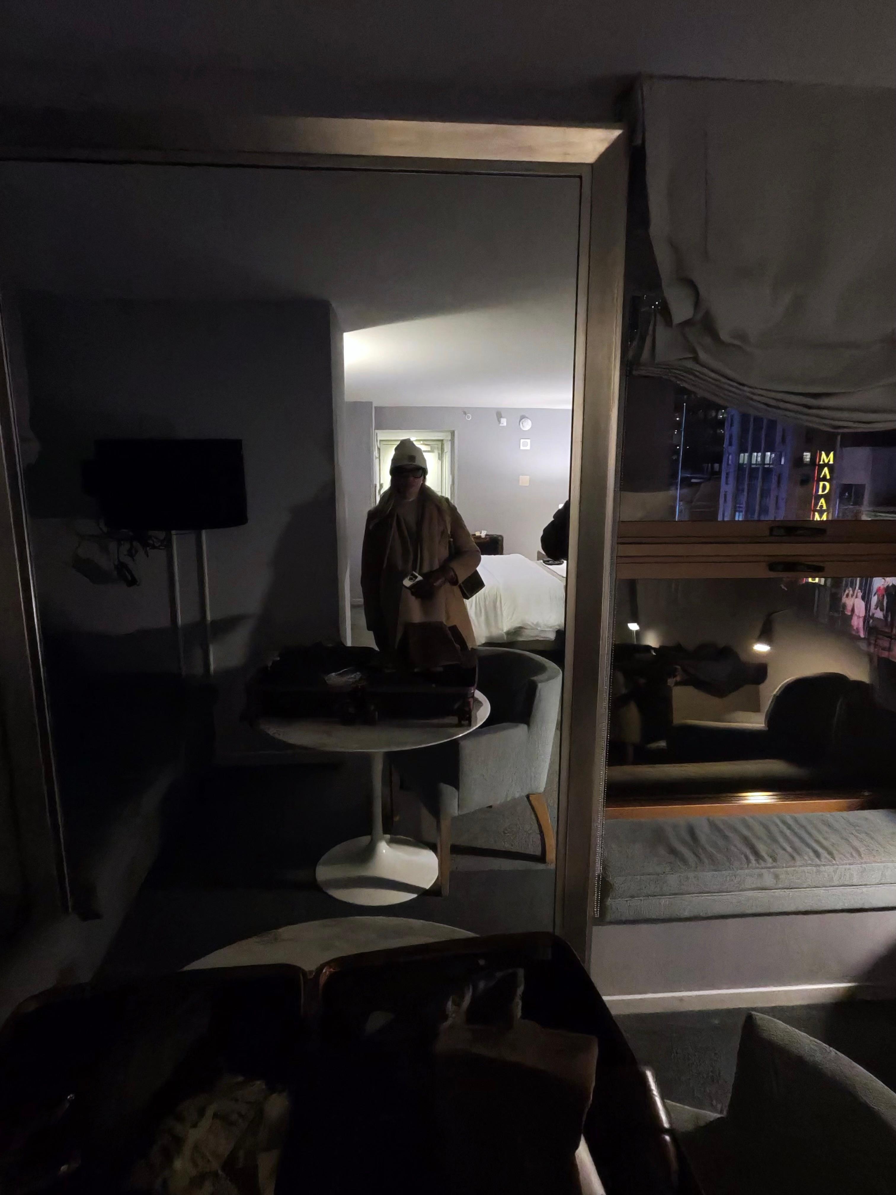 No lightning! Basic dated room. Great mirror but does it matter if you can’t see it?