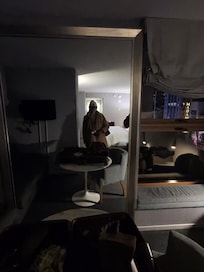 No lightning! Basic dated room. Great mirror but does it matter if you can’t see it?