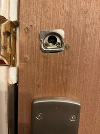 Holes from previous locks. You could see right through to the hallway.