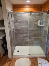 Master bathroom downstairs with spacious shower with sliding glass door