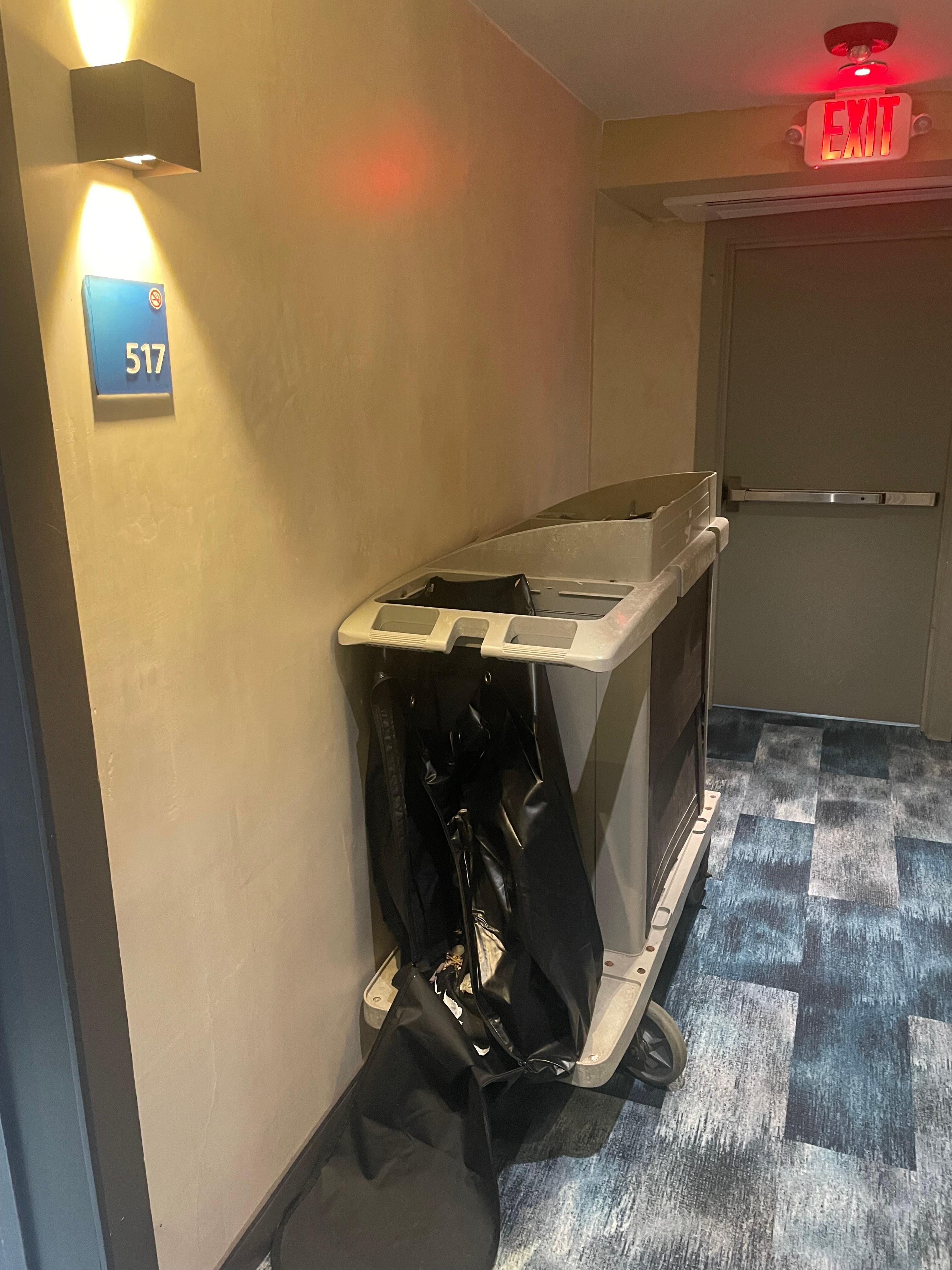 Cleaning cart parked outside our room all stay