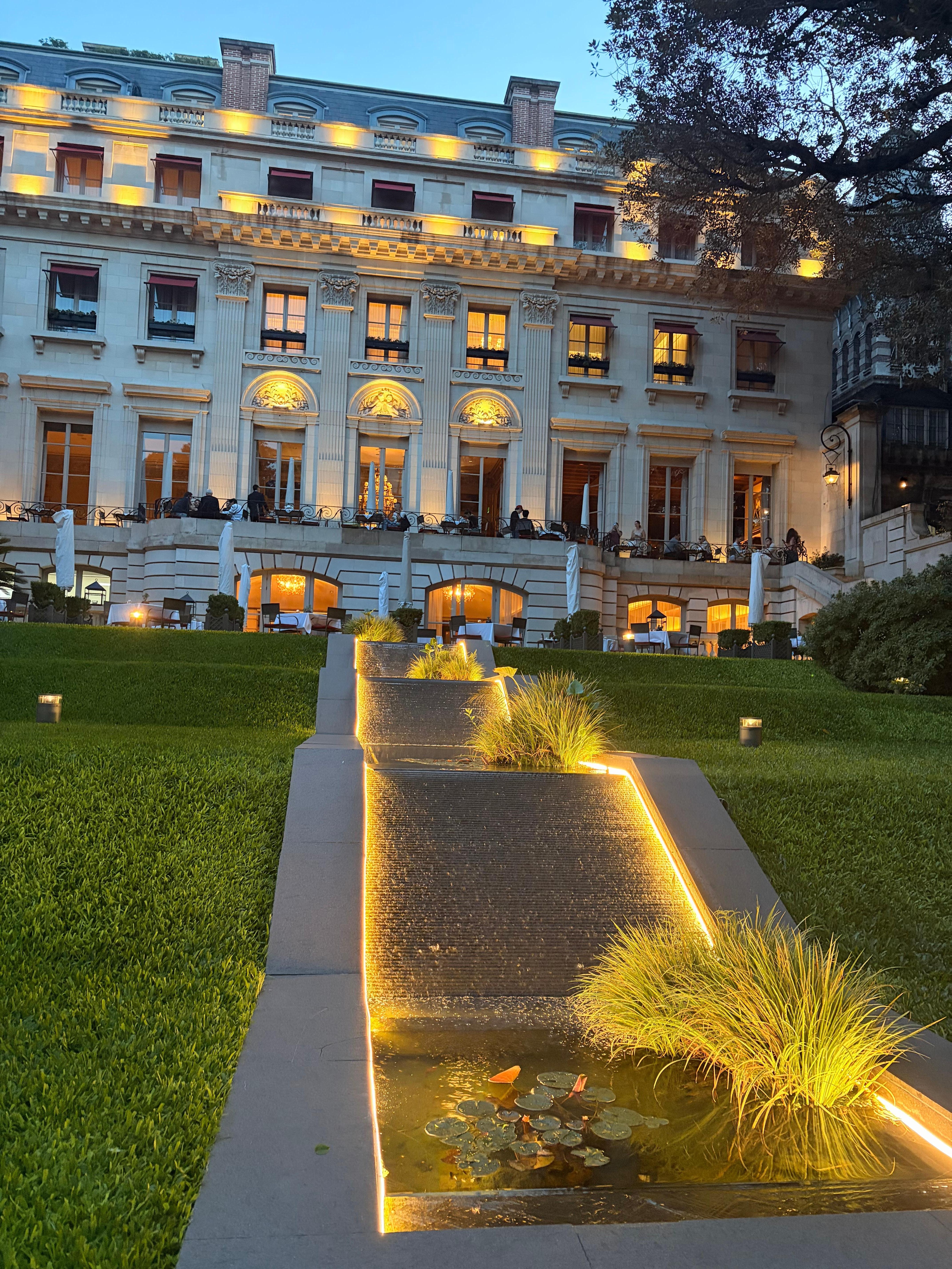 Inside the hotel grounds in the evening. 