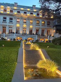 Inside the hotel grounds in the evening.