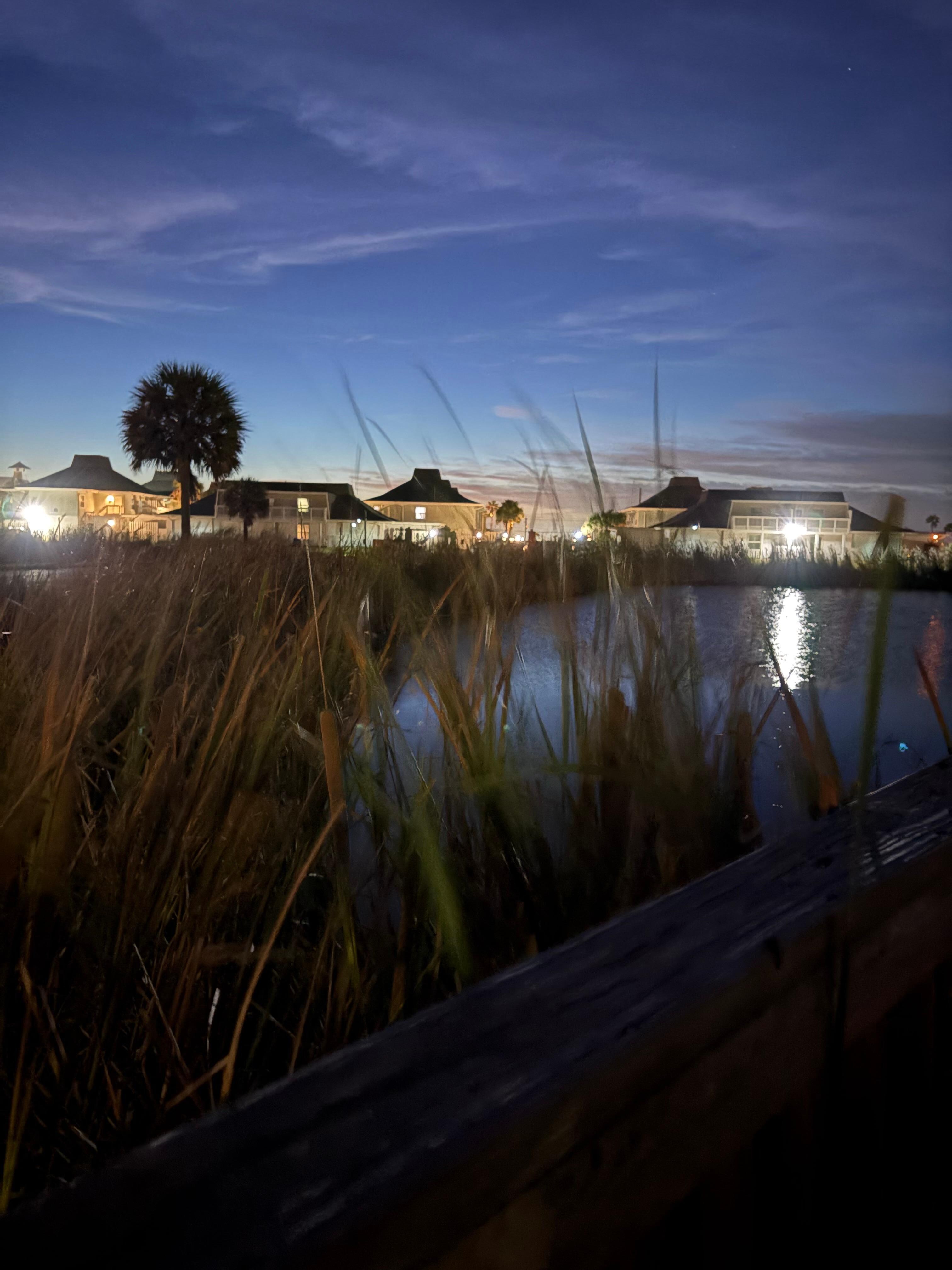 Nighttime views from dock outside house