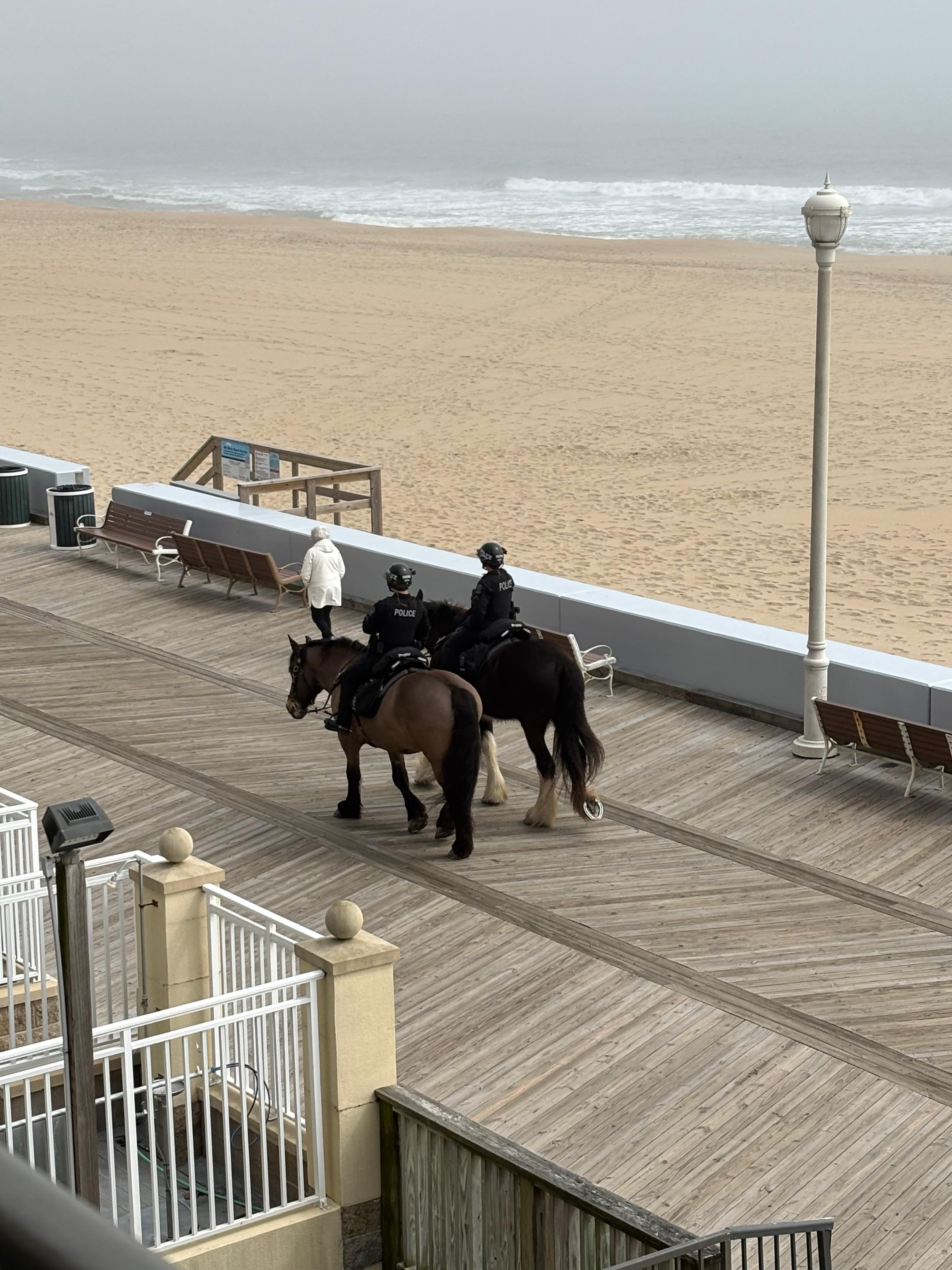 Police on horseback patrolling the boardwalk. 