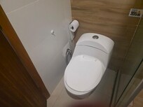 Bacia atras da porta e espaço pequeno.