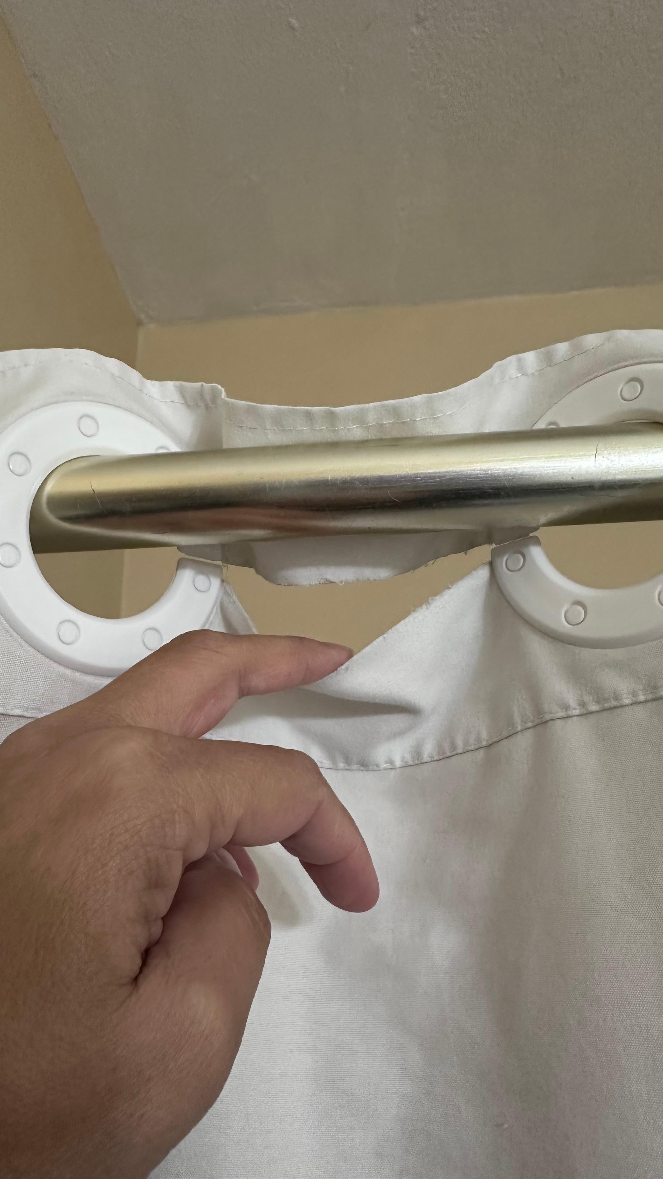 Torn shower curtain and worn bathroom fixture.