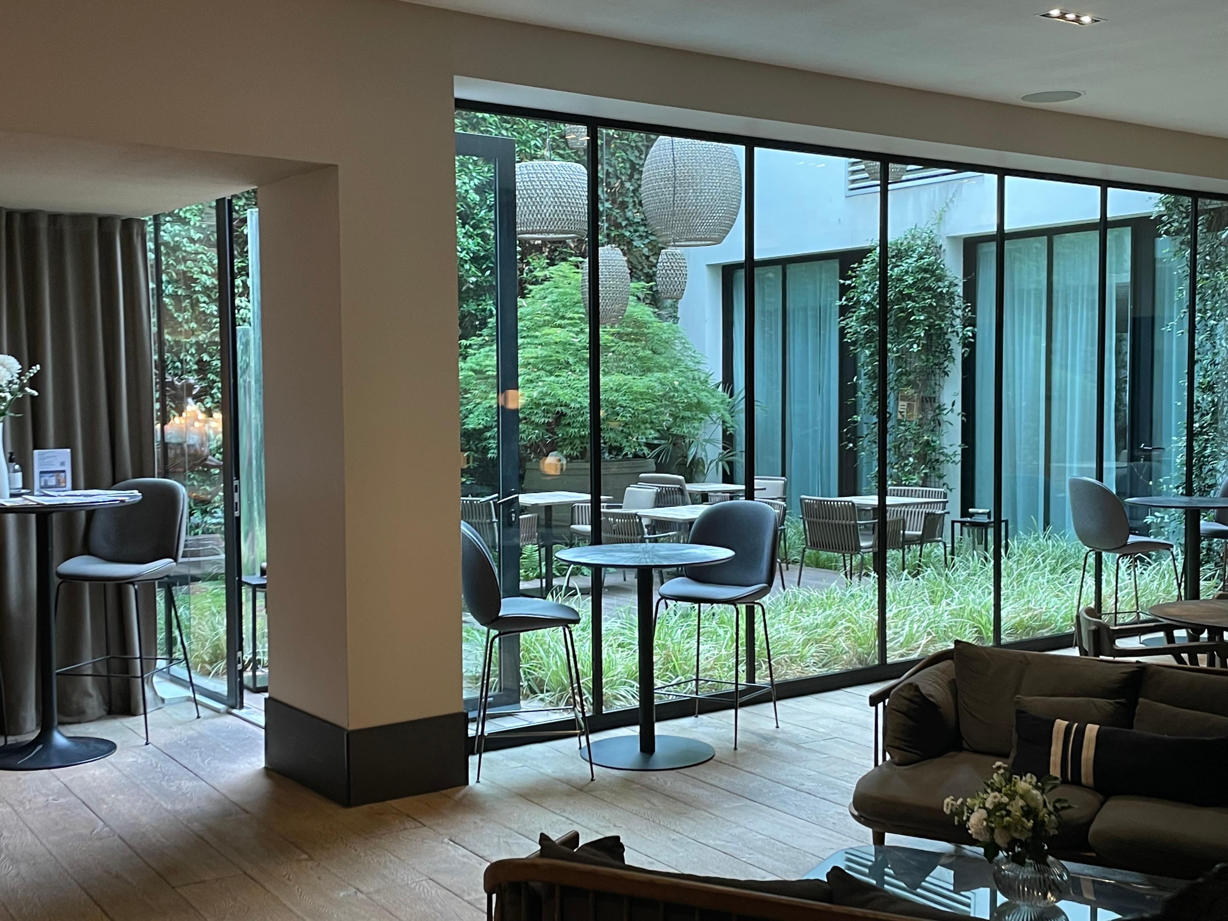 Hotel lobby and outdoor patio.