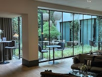 Hotel lobby and outdoor patio.