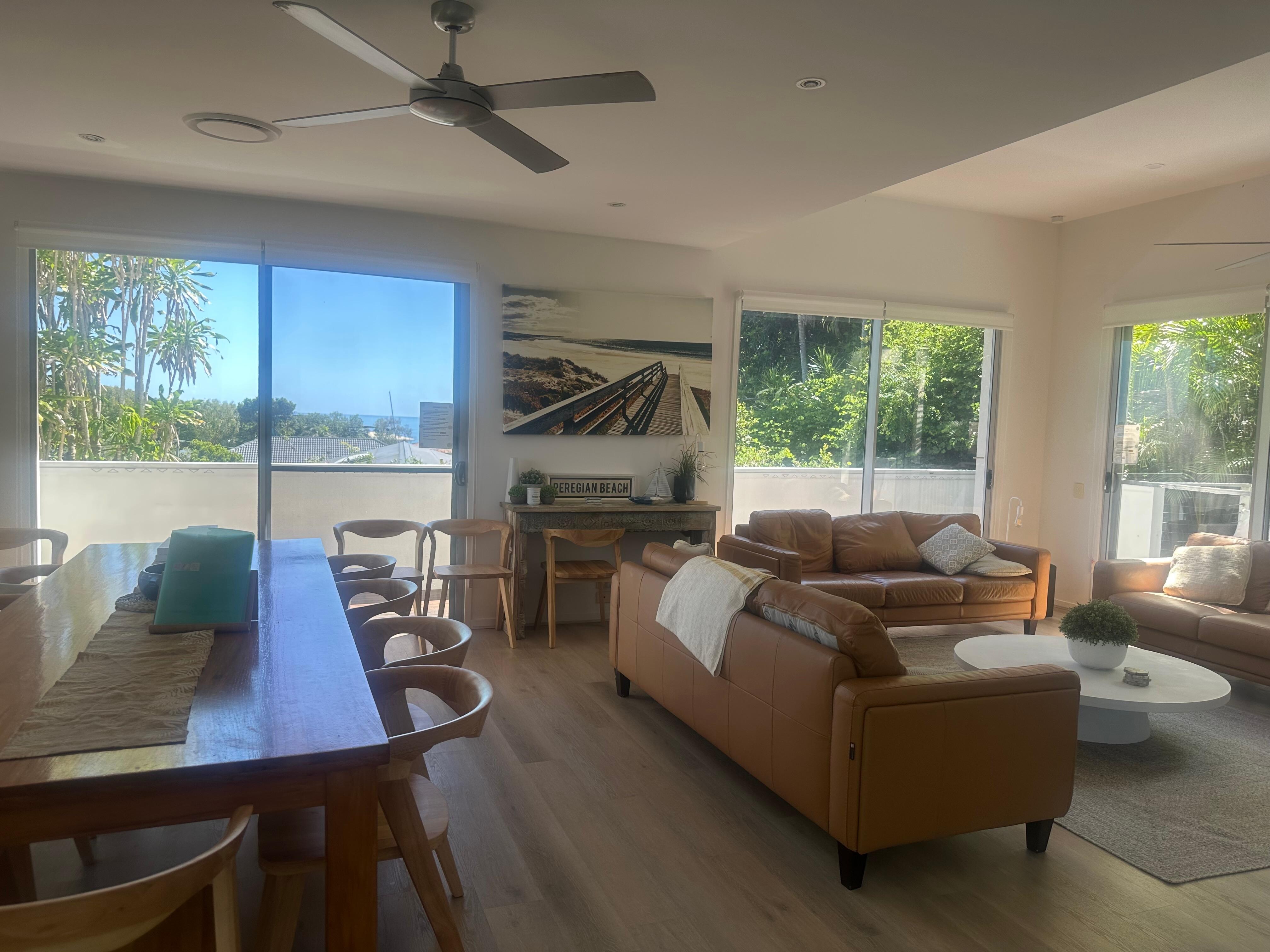 Very large and comfortable dining setting.