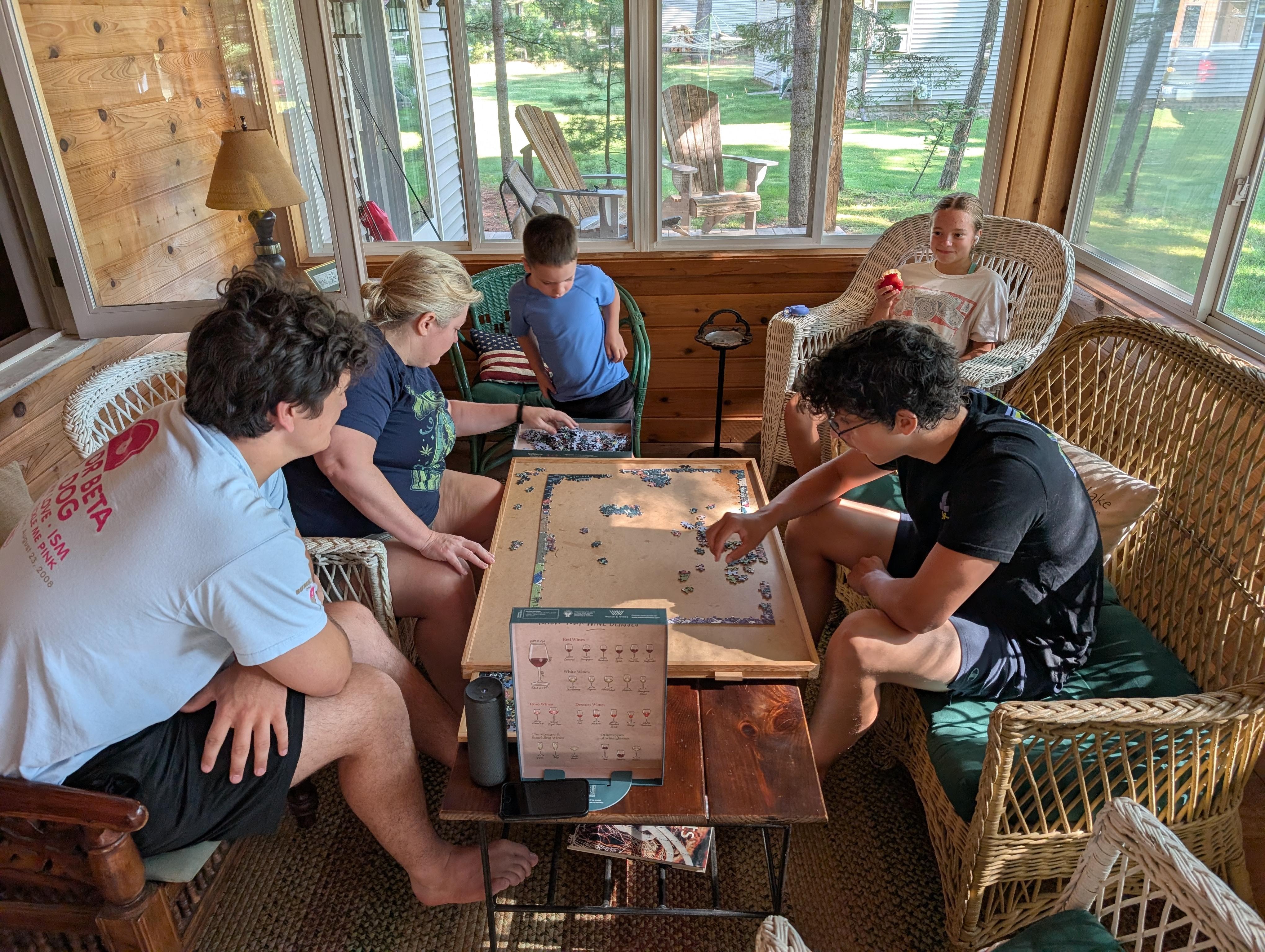 Puzzle time on the porch.