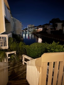 front porch of condo at night