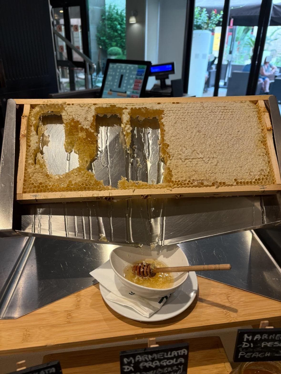 Restaurant had real honeycomb dripping honey for us. 