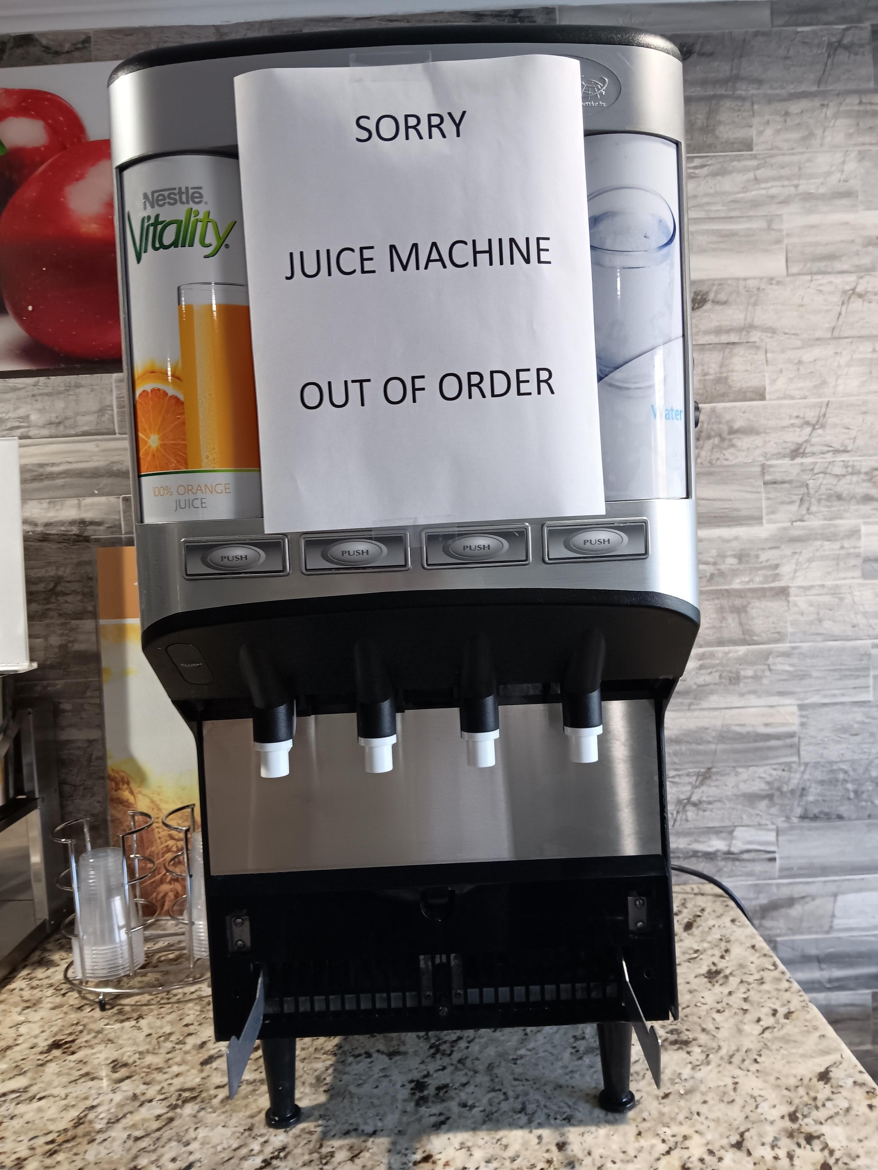 No juice for breakfast for  the entire stay. I don't drink coffee. Was told to use water fountain in gym. Gross.