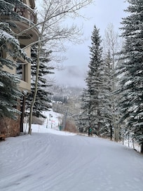 looking downward on the ski way outside the unit-tranquil and easy access in and out-we loved this!
