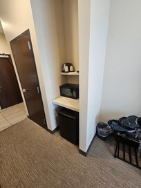 Nice coffee maker and fridge