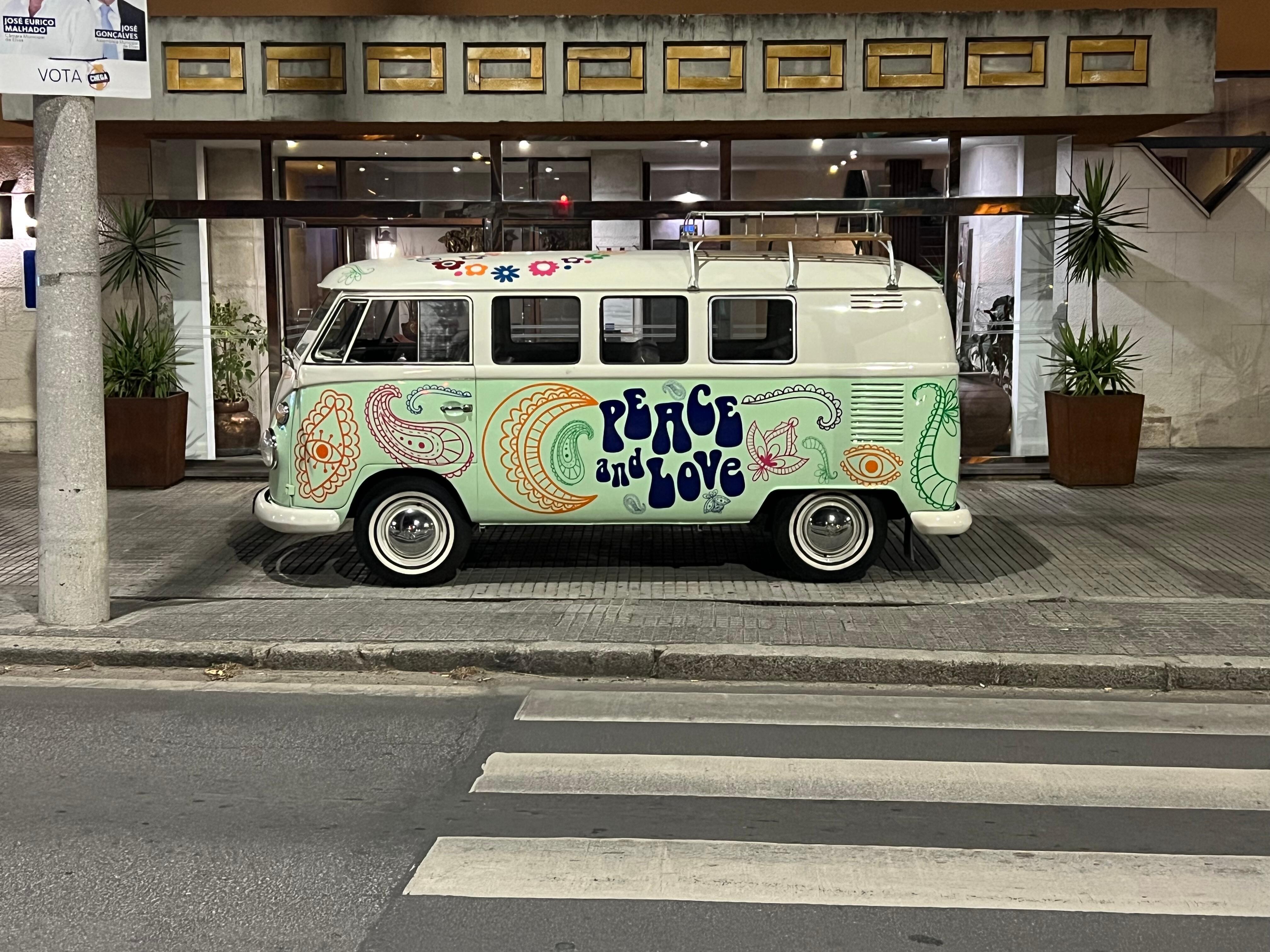 Fun van parked in front of hotel 