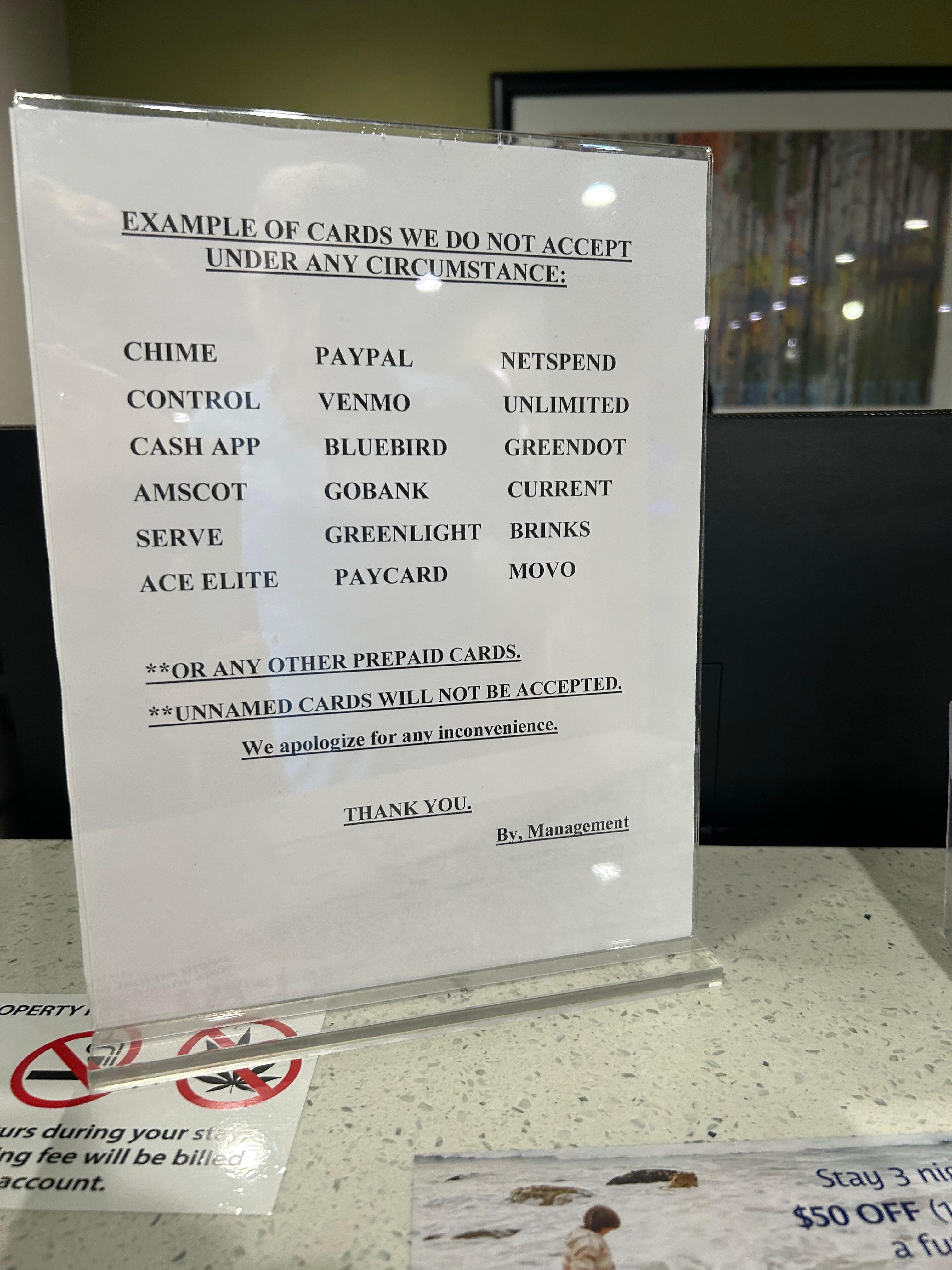 Forms of payment not accepted at Best Western