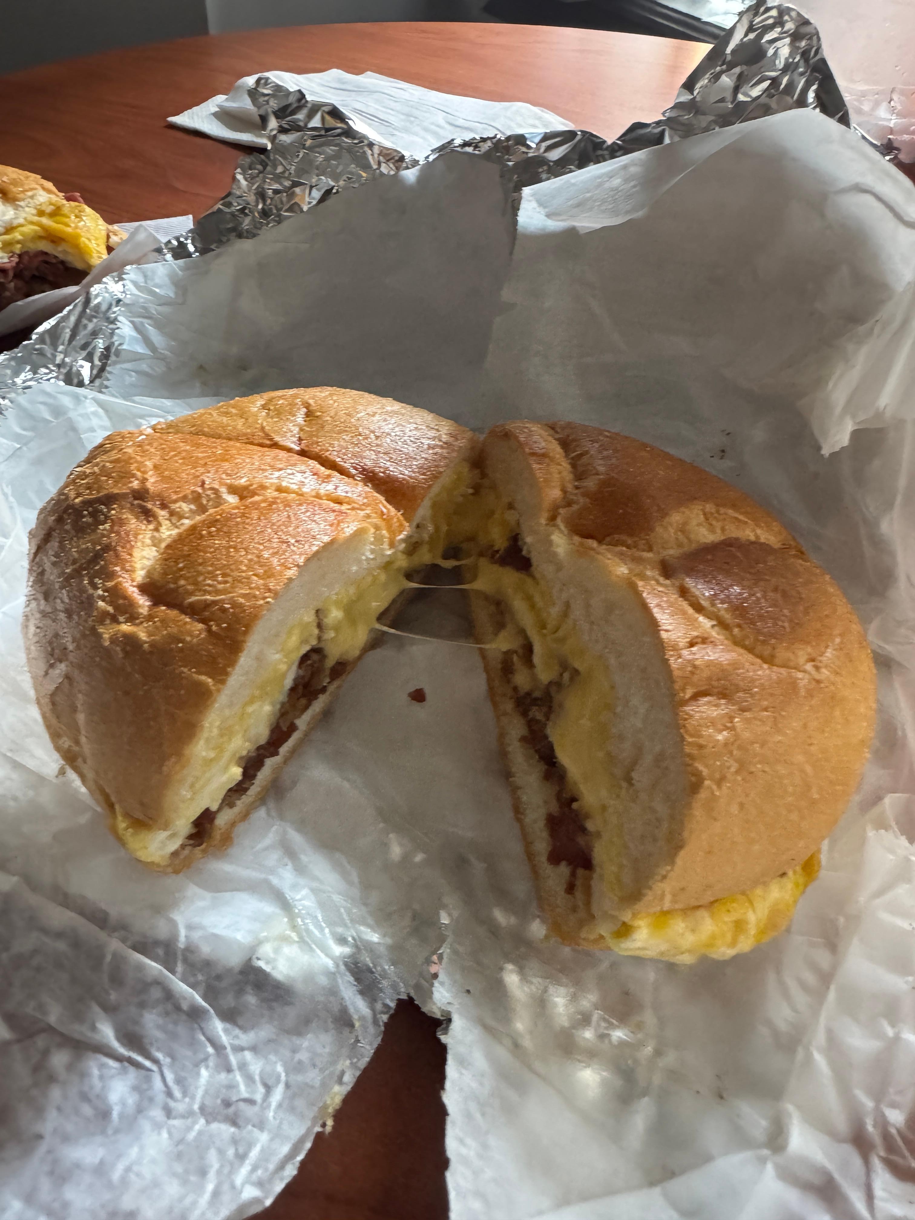 Breakfast sandwich from food truck out front