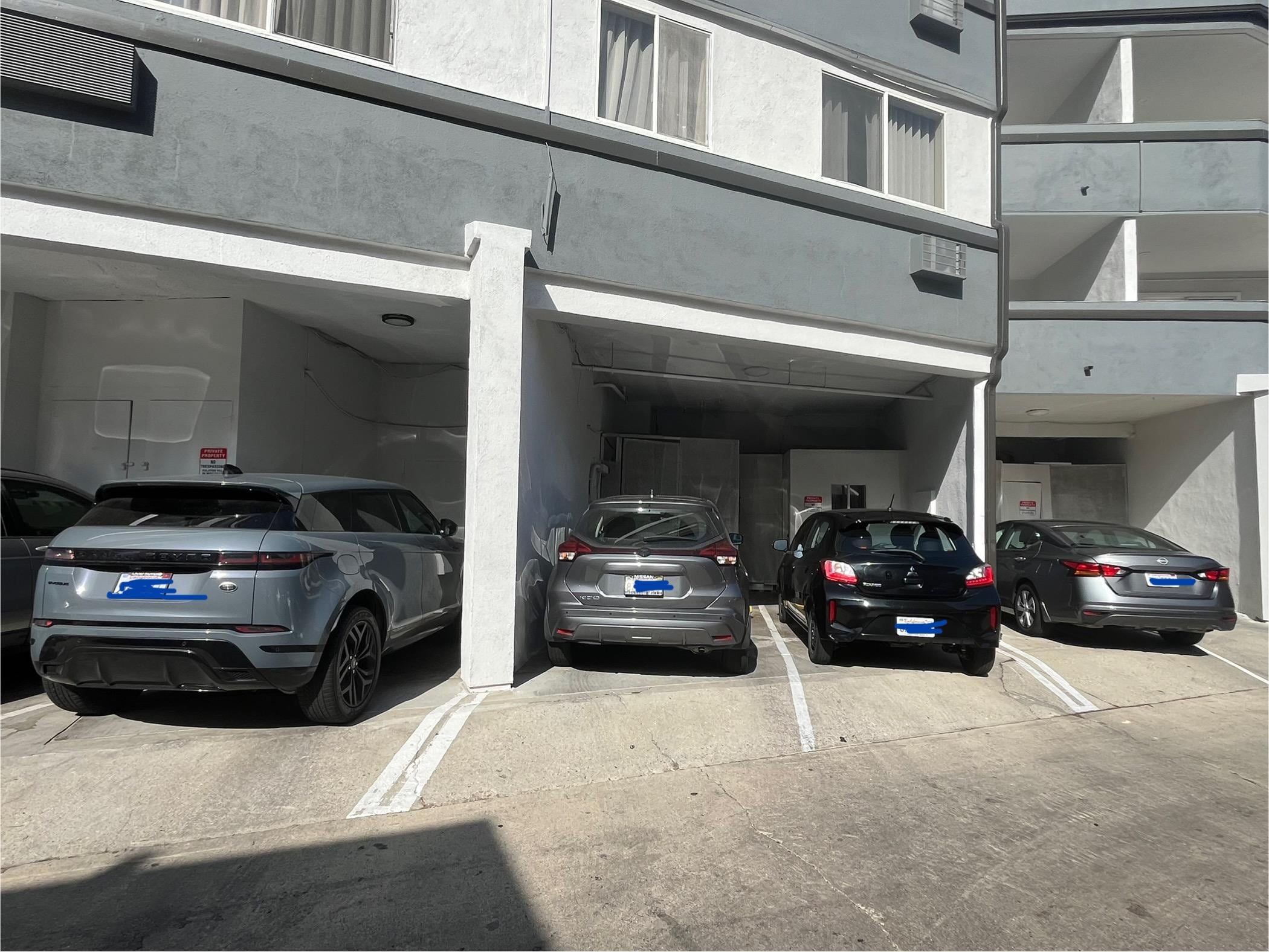 A few of the ~10 self park spaces in side alley