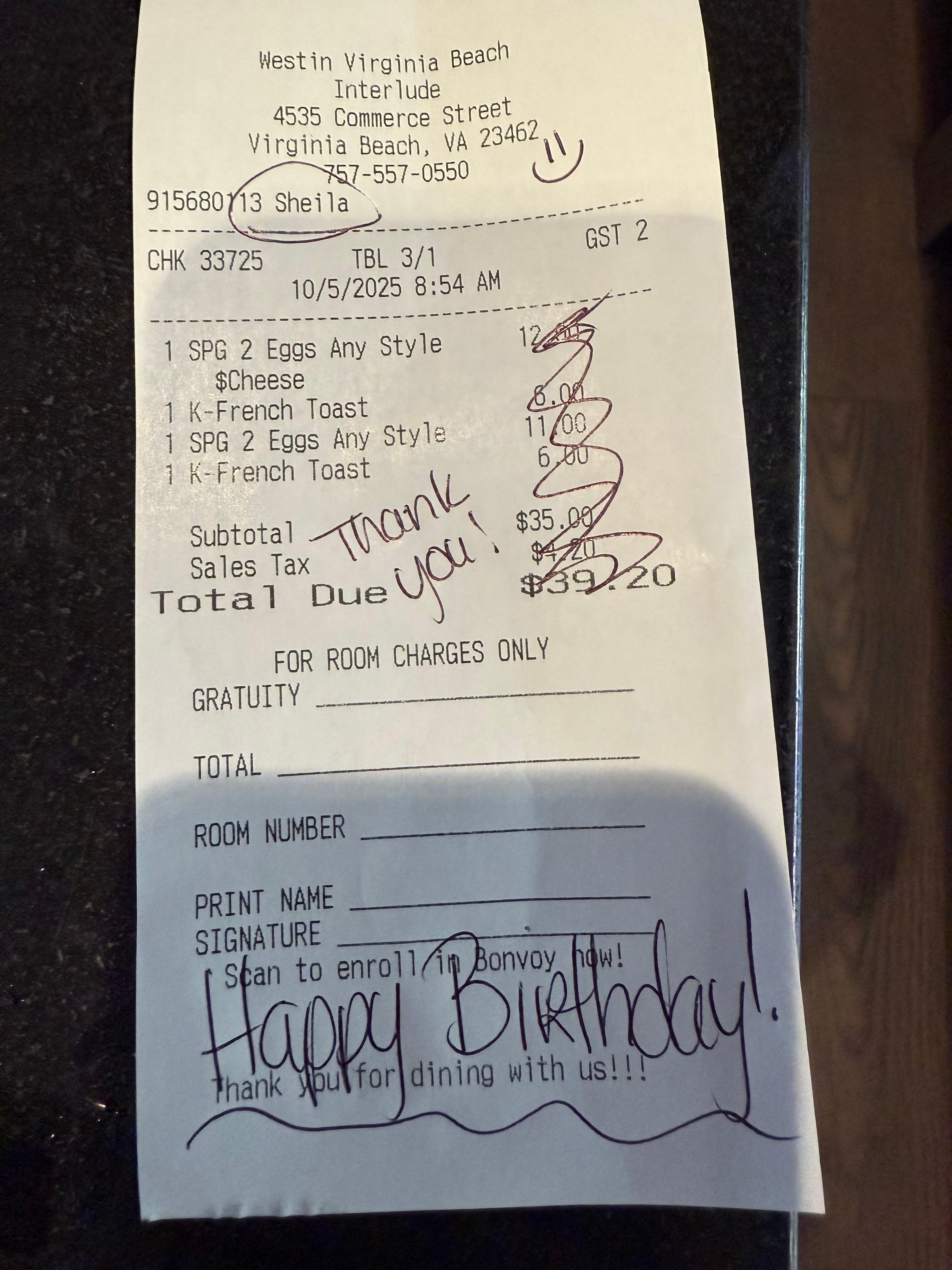 Breakfast receipt- prepaid $46/2 for the very limited menu, not the full restaurant menu.