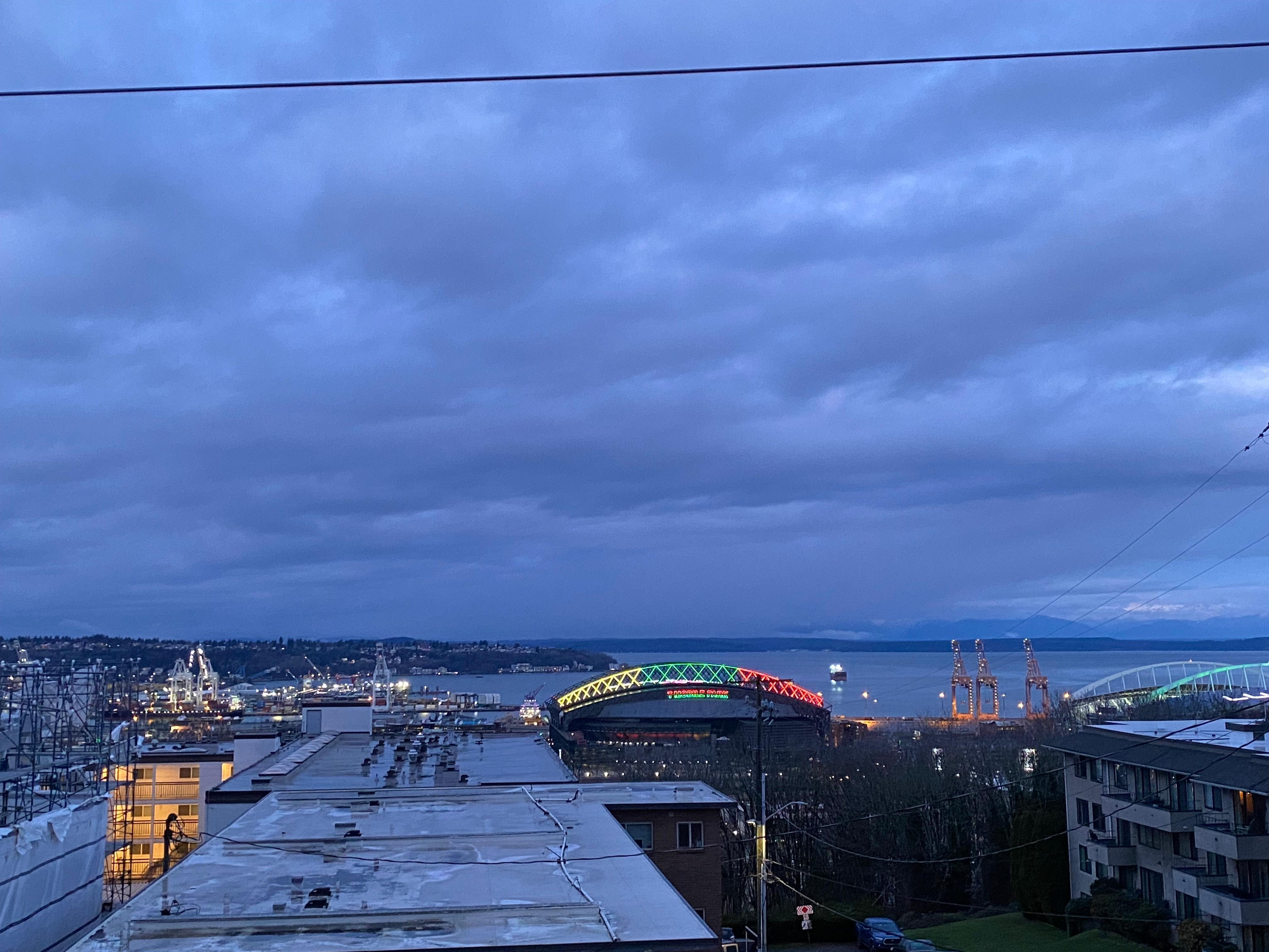 Sunrise view from rooftop patio.  We didn’t use the patio couches and gas fire feature, but everything seemed to be nicely stored and dry under covers and in a dry chest.