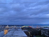 Sunrise view from rooftop patio. We didn’t use the patio couches and gas fire feature, but everything seemed to be nicely stored and dry under covers and in a dry chest.
