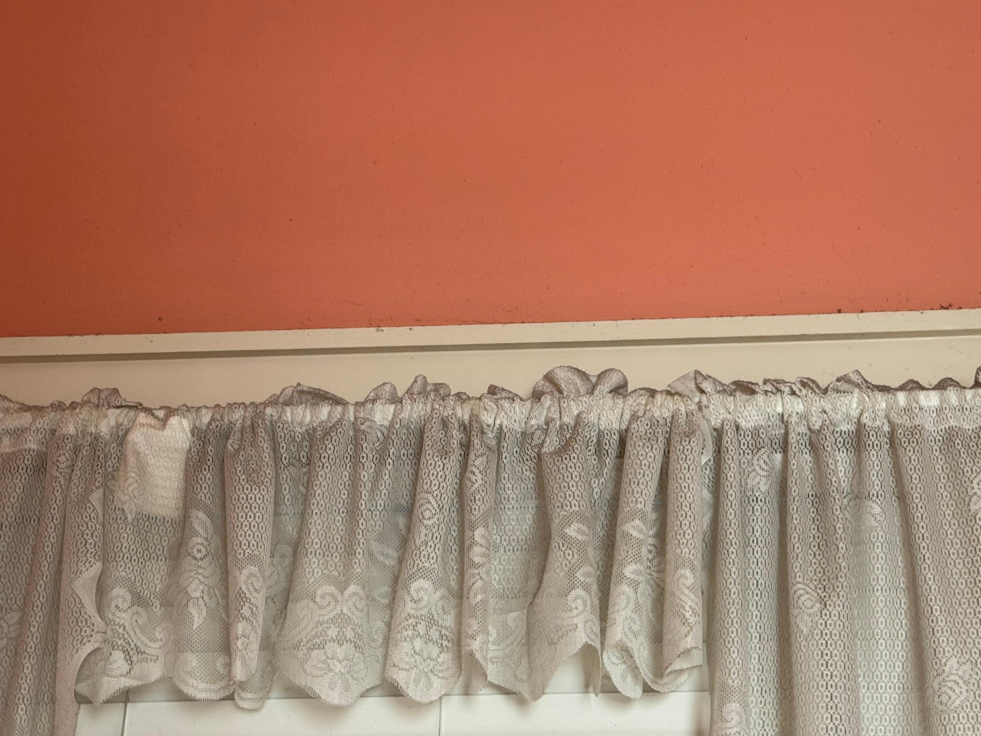Dust caked on kitchen drapes