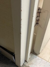 Floor panel coming apart and rusty dirty hinges.
