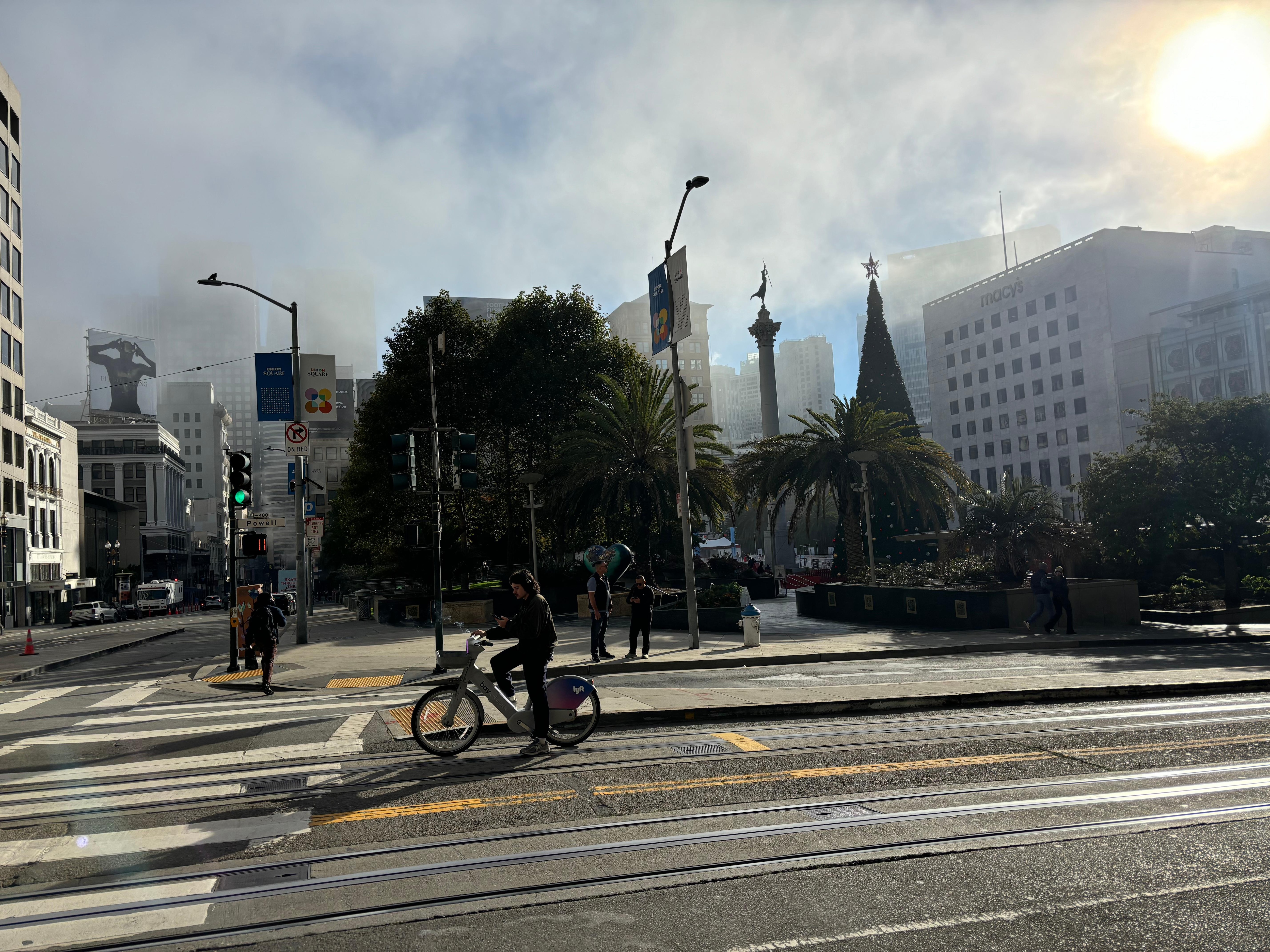 Union Square in the famed San Francisco fog.  