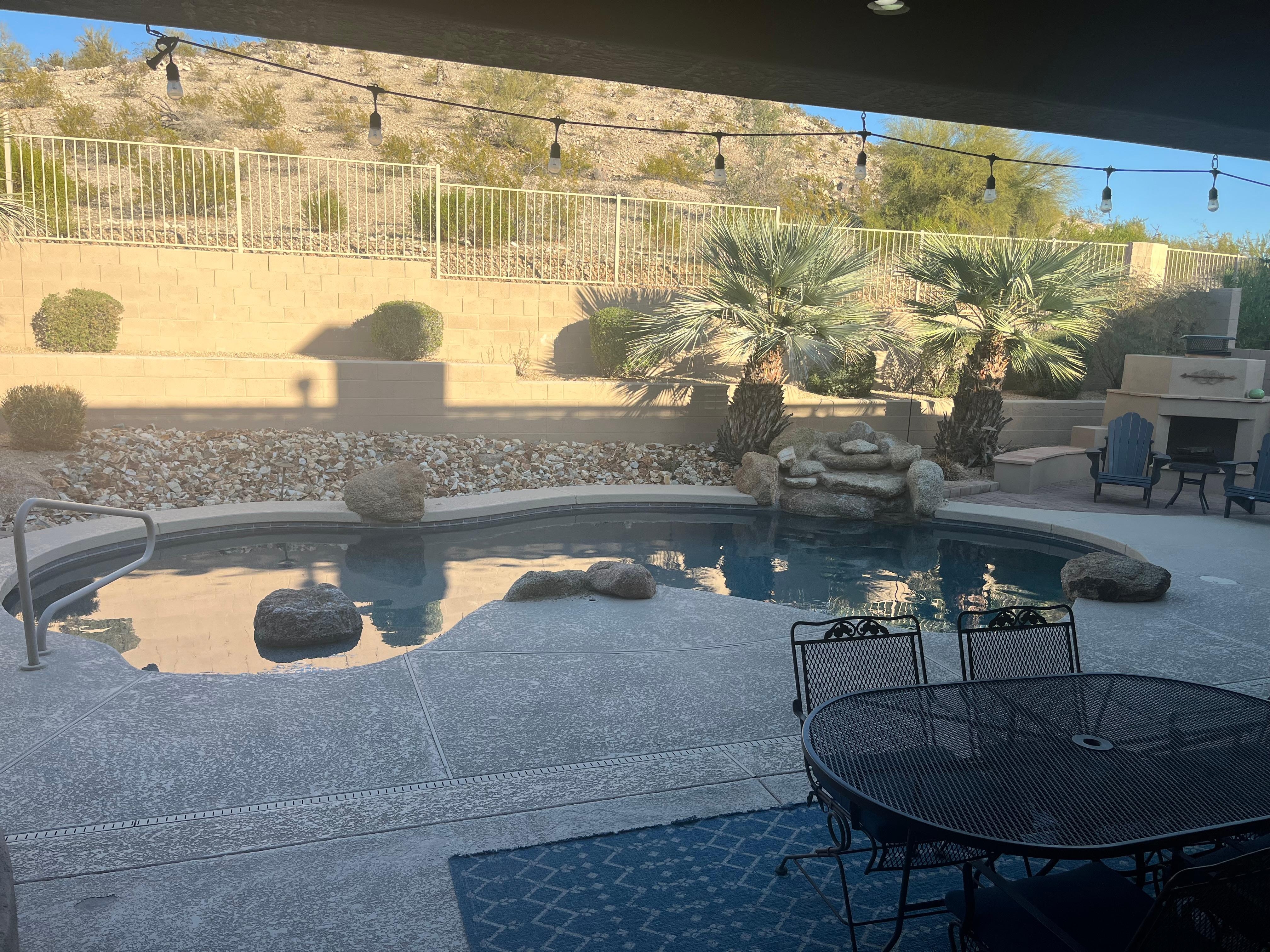 Pool was chilly and was only in the sun until about 4pm in February. Waterfall does not run for rentals. 