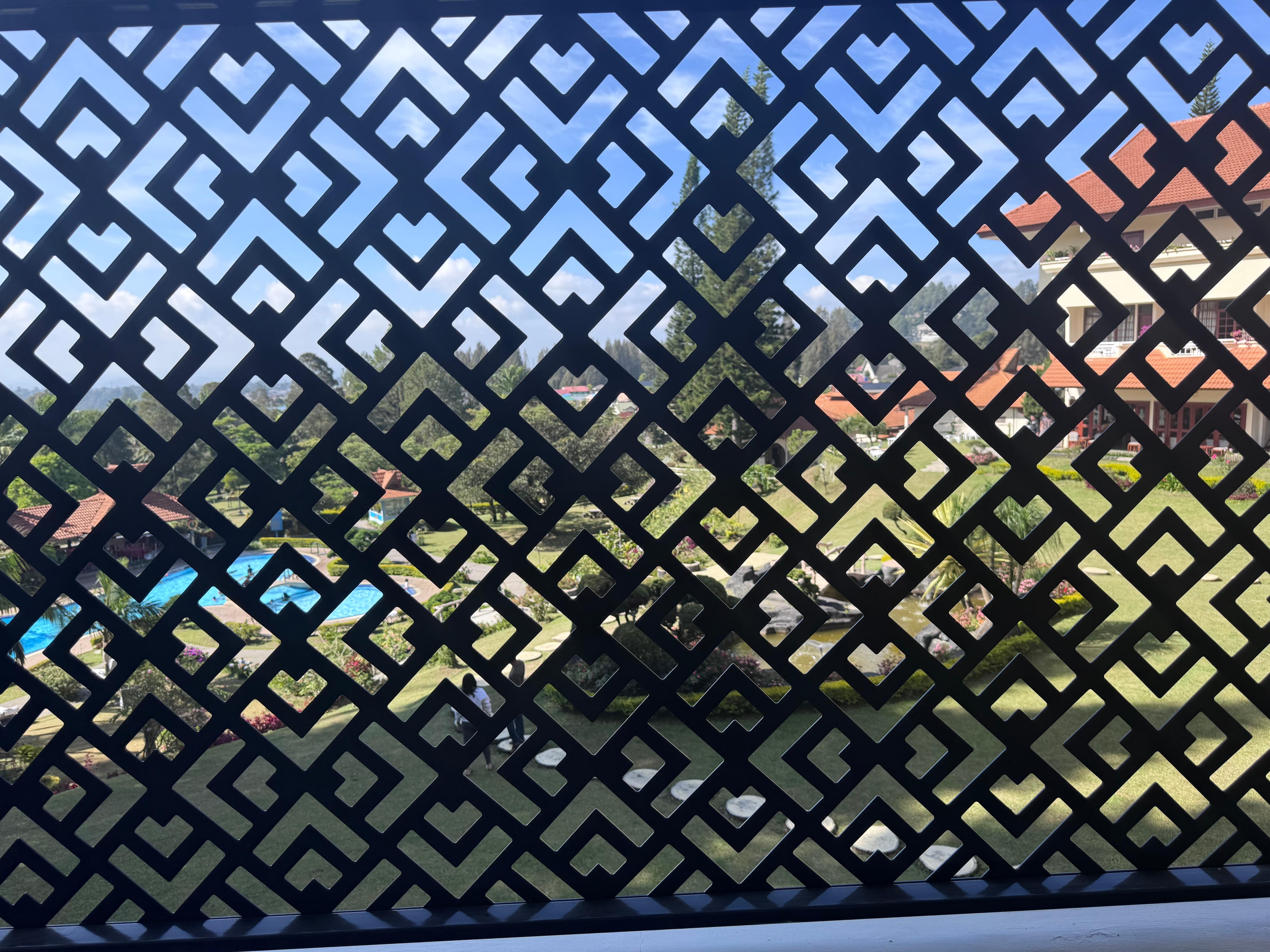 Geen stoelen op het balkon maar als je een stoel uit de kamer pakt kijk je tegen traliewerk aan.