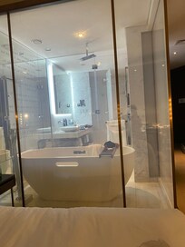 My shower and soaking tub room. Glass goes from opaque to clear with the touch of a switch.