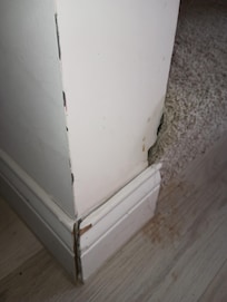 Stairway wall damaged and baseboard falling off in main living area
